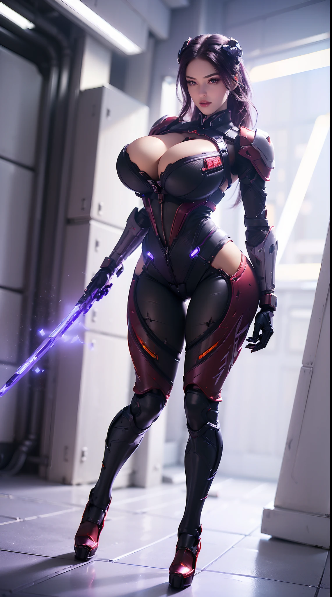 (Devouring the Starry Sky), (1GIRL,SOLO:2), (super detailed face), ((BIG BUTTOCKS, HUGE FAKE BREASTS:1.5)), (CLEAVAGE TOP:1.5), (11 LINE ABS FEMALE:1.4), (MECHA GUARD ARM:1.4), ((WEAR PURPLE RED OVERWATCH MECHANICAL ARMOR CROP TOP, BLACK MECHANICAL SKINTIGHT SUIT PANTS, MECHA GUARD ARMOR LEGS, HIGH HEELS:1.5)), (LEWD VOLUPTUOUS BODY:1.3), (GLOWING SKIN:0.8), (LONG LEGS, FULL BODY:1.1), (LOOKING AT VIEWER:1.3), (female focus:0.886), (WALKING DOWN HALLWAY OF FUTURISTIC SPACE STATION:1), (BRIGHT LIGHT WHITE_ROOM:1.3), SUPER TEXTURE, UNREAL ENGINE RENDER, PHYSICALLY-BASED RENDERING, ULTRA HIGHT DEFINITION, 16K, 1080P.