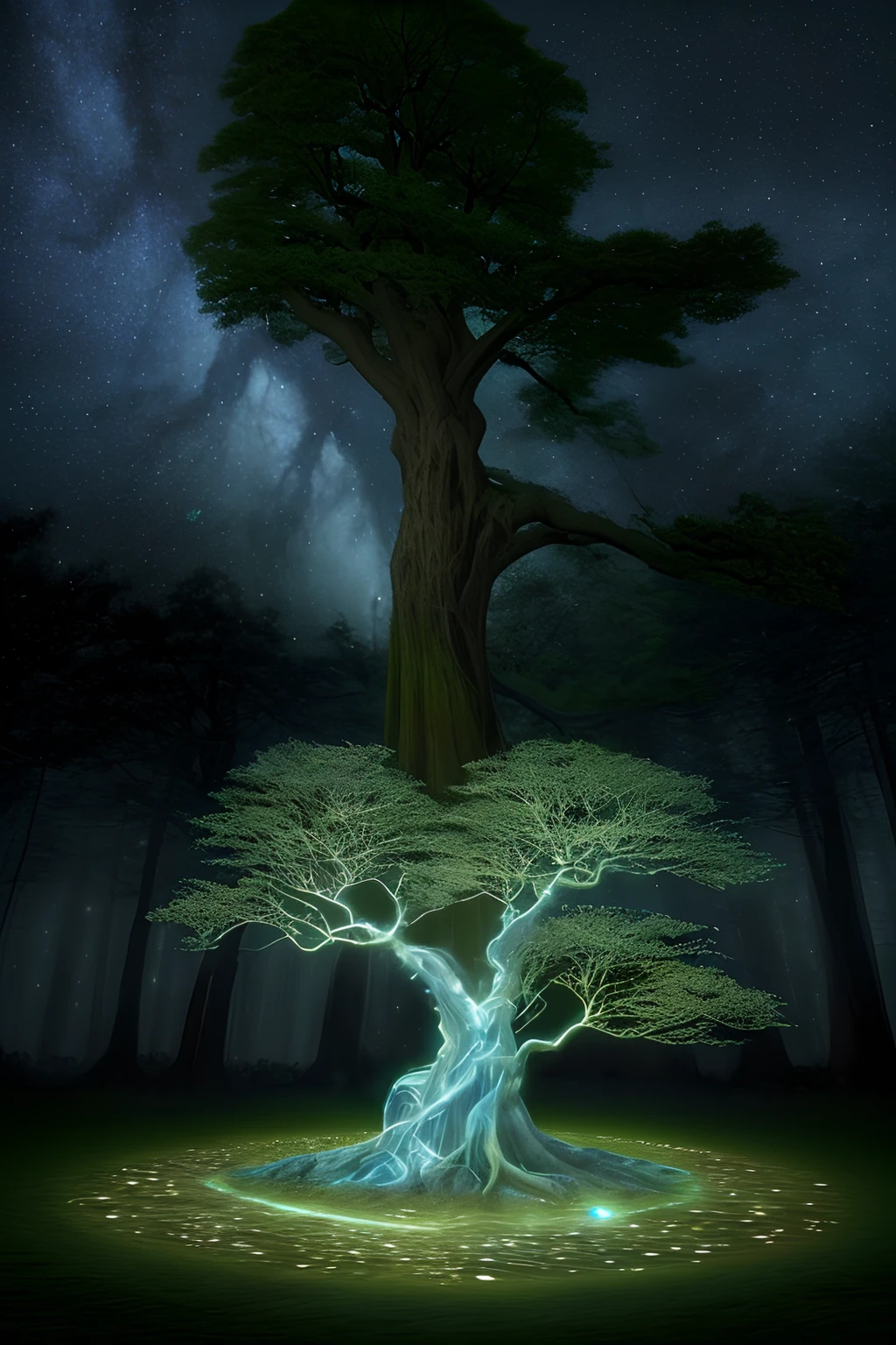 There is a tree,The trunk is the cosmic starry sky,Starlight hangs from the branches, lothlorien at night, Huge tree, Lautrorian, Galadriel in Lothlórien, luminescent wisps, Magical tree, a still of an ethereal, enchanted tree, matte painting arcane dota pixar, giant ethereal creature, galadriel, Fantasy Tree,Tree trunks grow out of the void,In the middle is the starry sky,cold shades