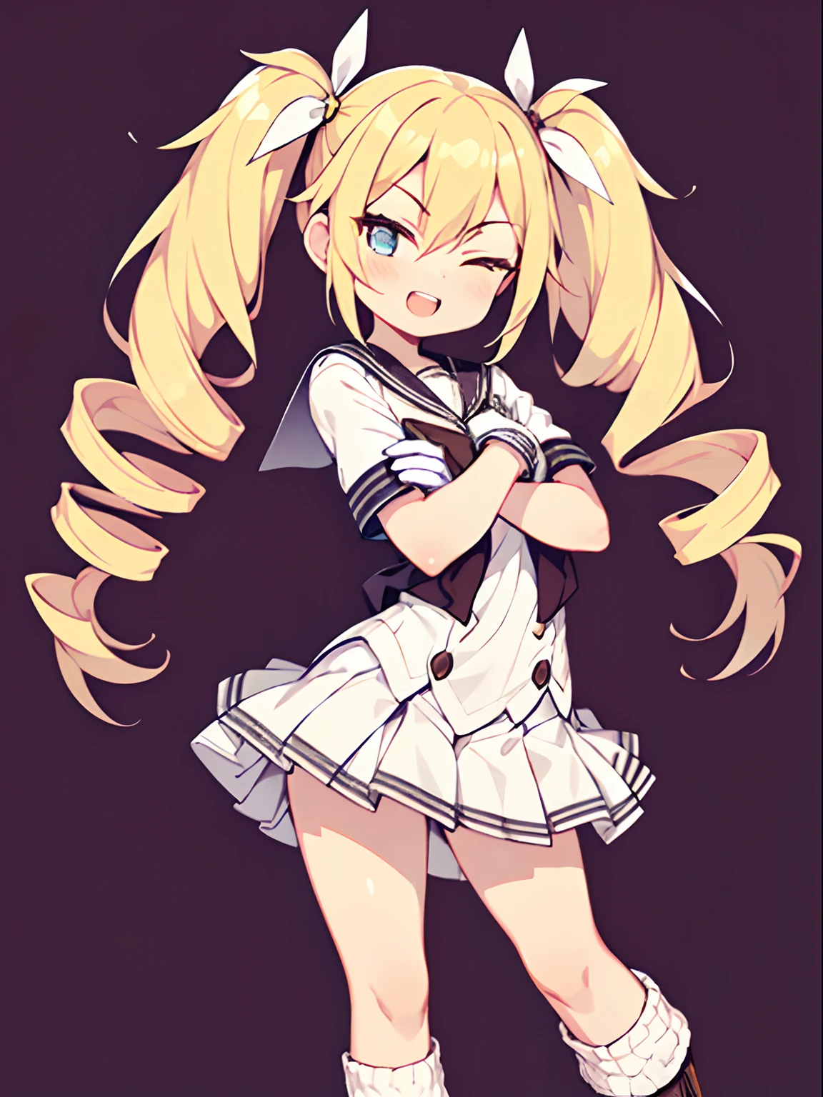 character sheet, Highly detailed and realistic CG, Colorful, Masterpiece, Best Quality, jewel-like eyes, 1girl, solo, blond hair, shiny hair, long twintails, drill hair, slender, skinny legs, white school uniform, layered skirt, luxury boots, amber eyes, flat chest, crossed arms, smirk, smile, jitome, half-closed eyes, standing, contrapposto, tsurime, monochrome background, white gloves, open mouth, pov, best quality eyes, upper teeth, loose socks in boots,