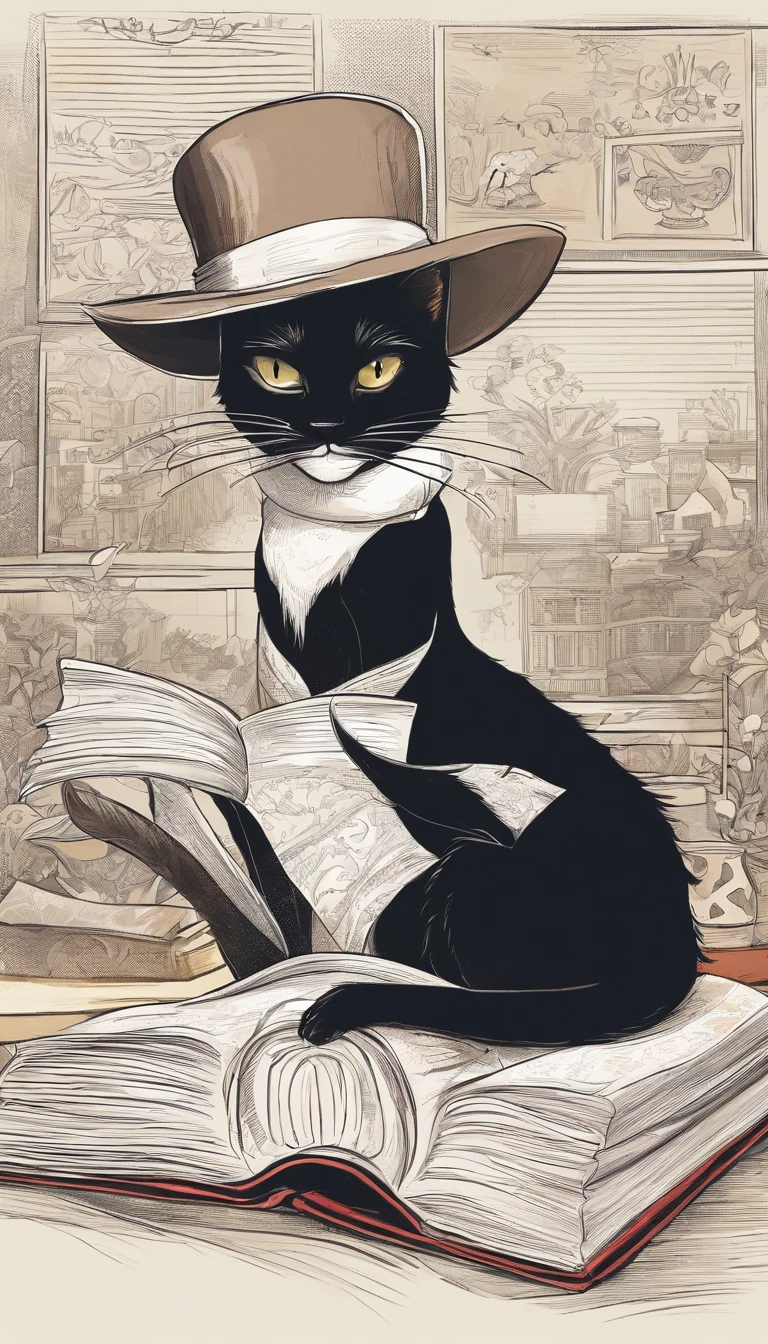 Portrait of a black cat in a hat and scarf, lying down and reading a book.