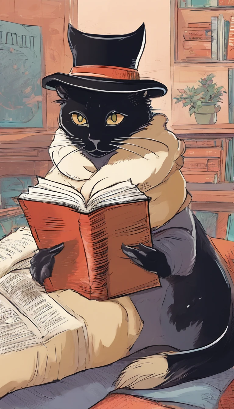 Portrait of a black cat in a hat and scarf, lying down and reading a book.