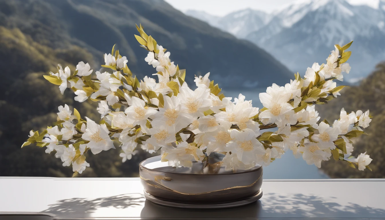 Laurel branches,Shot at a 15-degree elevation angle for medium and close ranges,petals,Osmanthus flowers flying,Top daylight,Refreshing style,Snowy mountains in the distance,Ultra-clear image quality