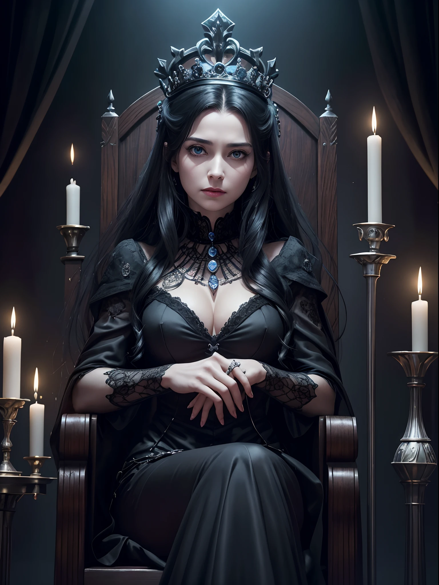 Black and blue tones、foggy、Hell、candelabra、Mozart's Requiem、Mystical、horor、gotik、darkness、karo、badas、epidemic、ruler、Pitch Black Darkness、hopelessness、lamentation、oppression、nothingness、intense cold、Black Ghost、Adult female mature woman in her 40s、a throne、Queen of the Dead、Persephone、lilith、hades、Greatest awe、immortal、draconian、dignity、Awe-inspiring Hall々、Proud、noble、dignity、solemnity、Bewitching、Chaste and lascivious cohabitation、hatred、obsession、jewely、ruthless、greed、Lack of warmth、3-point live method、Oil Painting、Best Quality、hight resolution、foco nítido、Perfect Angle、perfect-composition、From Side、Portrait of Queen D，Highly detailed footage of the Queen of the Dead，Stunning portrait of the Queen of the Exparted，Portrait of the Queen of the Dead，Full body close-up of the Queen of the Dead