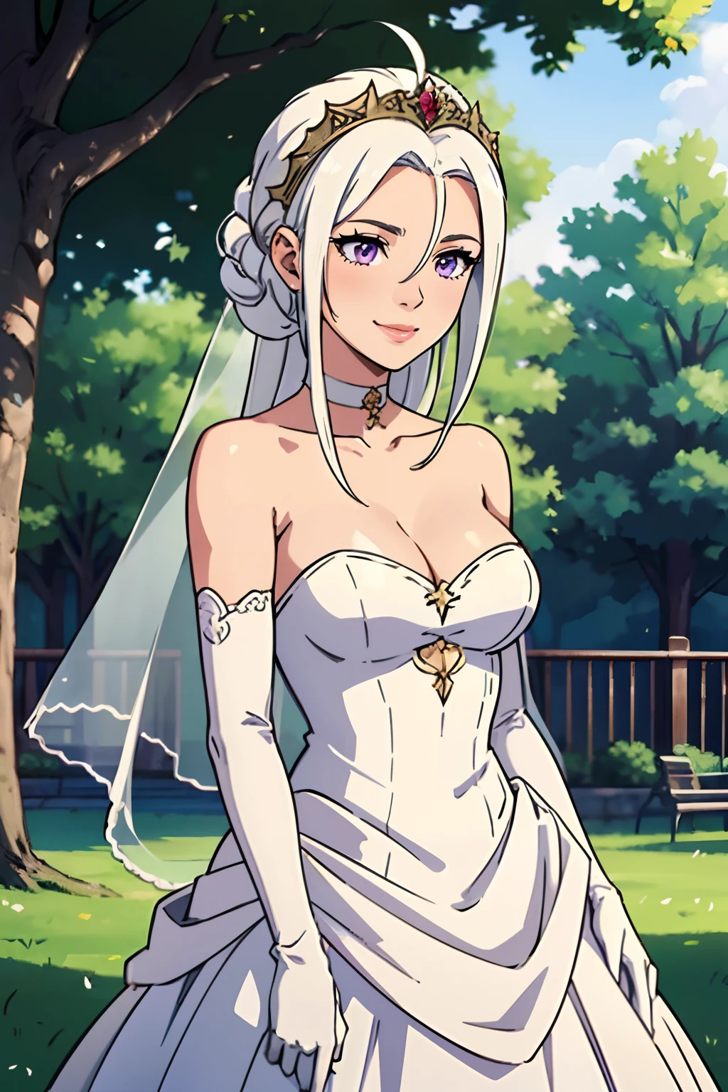 edelgard_academy, hair between eyes, ahoge, light purple eyes, white hair, star \(symbol\), hair ornament, dress, cleavage, bare shoulders, collarbone, long white elbow gloves, white gloves, white dress, white choker, strapless, tiara, veil, strapless dress, wedding dress, bridal veil, beautiful woman, perfect body, perfect breasts, wearing a wedding dress, ball gown, in the park trees, wedding decorations, a in love smile, realism, masterpiece, textured skin, super detail, high detail, high quality, best quality, 1080p, 16k
Waiting to start