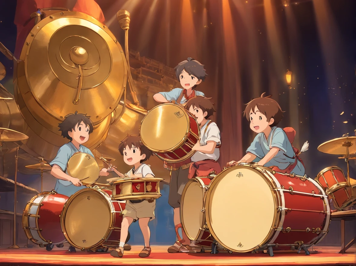 Music starts,Everyone banged the brass drum in unison,The brass drums on the stage emit a thick and powerful sound。The and his friends played the brass drum happily,The stage is brightly lit。