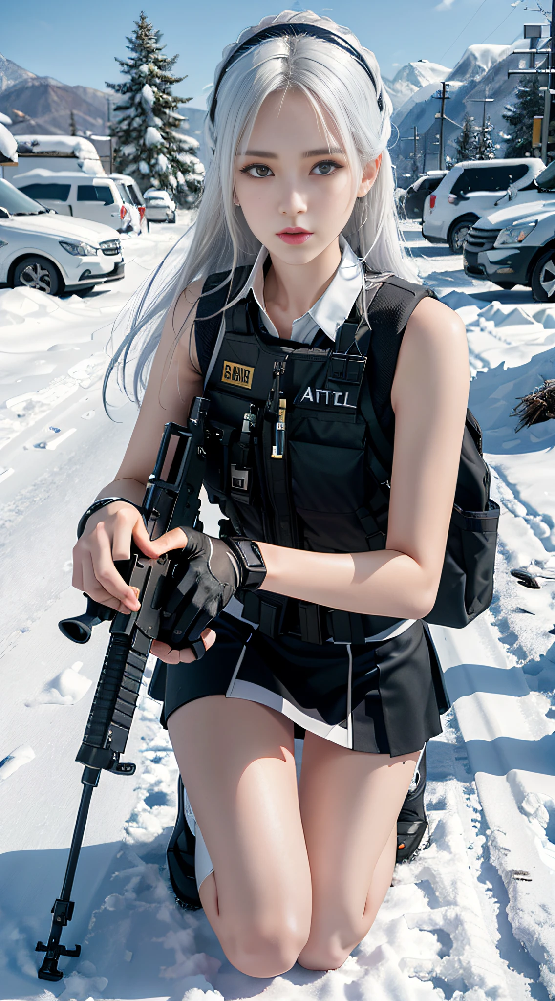((Best quality)), (Masterpiece), Photorealistic, Photorealism, 1 girl kneeling and aiming with an AK-47 assault rifle, Mini skirt, (upper legs), Photorealistic, high resolution,Snow background, looking to the camera, (Detailed face), White hair, SWAT vests, Gun, jewelry，Black gloves, sunglasses on head, Fingers are occluded