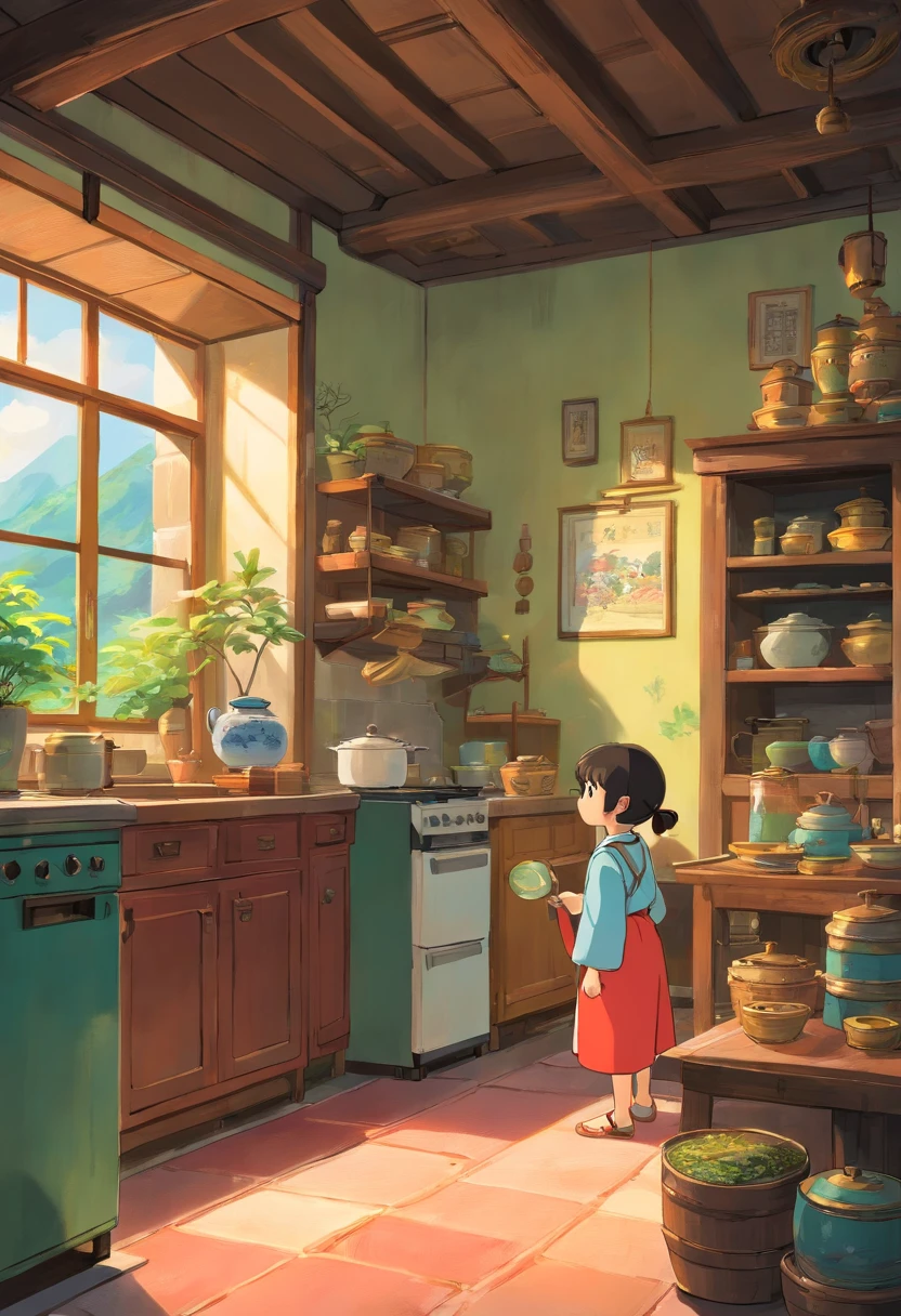 Two  followed the Zhuang uncle into a special house，Inside all kinds of living kitchenware，Rice tanks for sake，A fresh fragrance wafts out
（A little bb,A girl Xiaowei ，The Zhuang uncle is about 30 years old and appears in the picture，Cheerful atmosphere in the room，There are windows，View from the window）