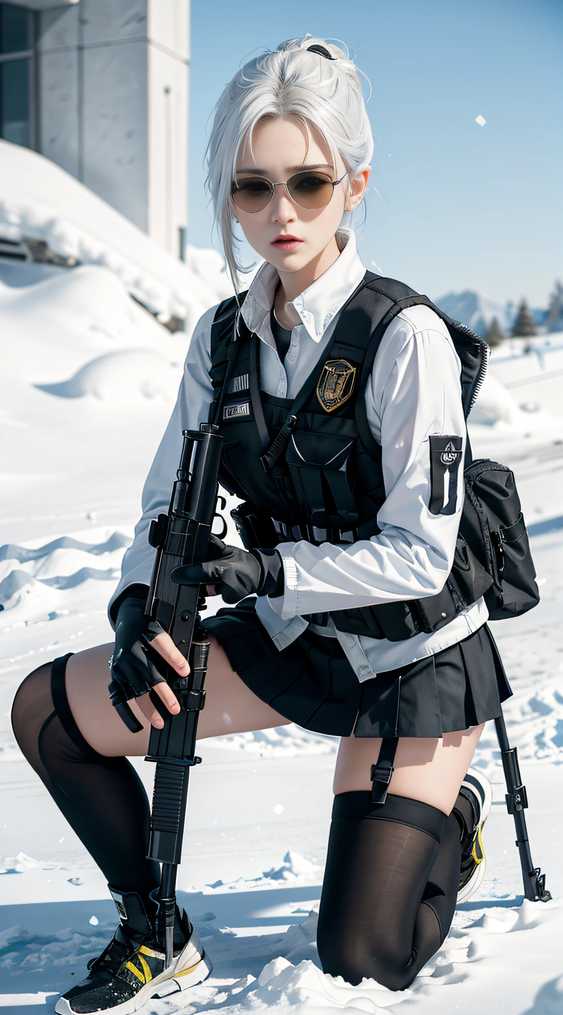 ((Best quality)), (Masterpiece), Photorealistic, Photorealism, 1 girl kneeling and aiming with an AK-47 assault rifle, Mini skirt, (upper legs), Photorealistic, high resolution,Snow background, looking to the camera, (Detailed face), White hair, SWAT vests, Gun, jewelry,Black gloves, sunglasses on head, Fingers are occluded