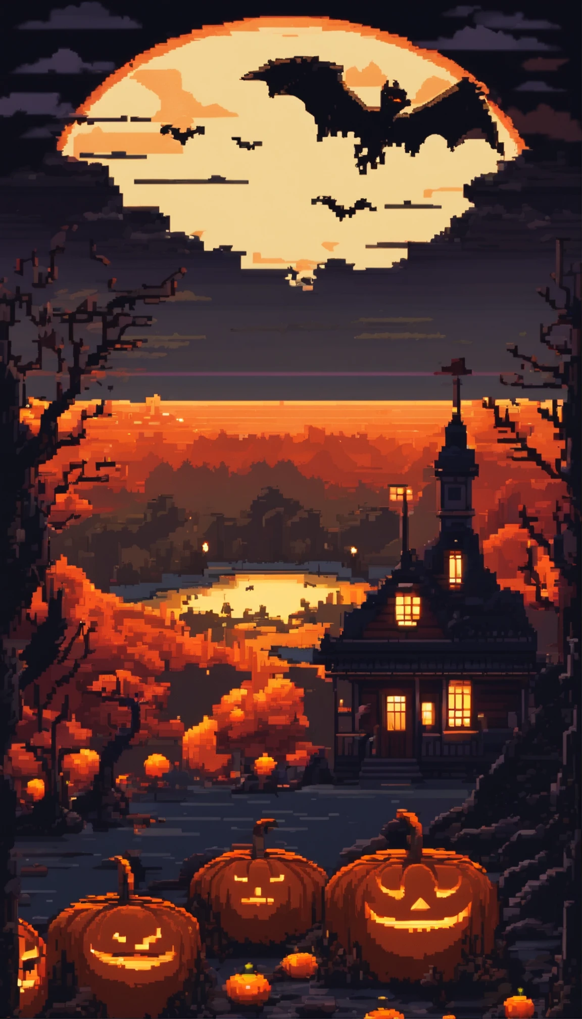 Pixel-art spooky night scene, 3D pixel art 4K wallpaper, Incredible pixel art detail, Pixel art, Detailed Unreal Engine pixel art, Half red moon sky, Spooky night, halloween, pumpkins, The Car