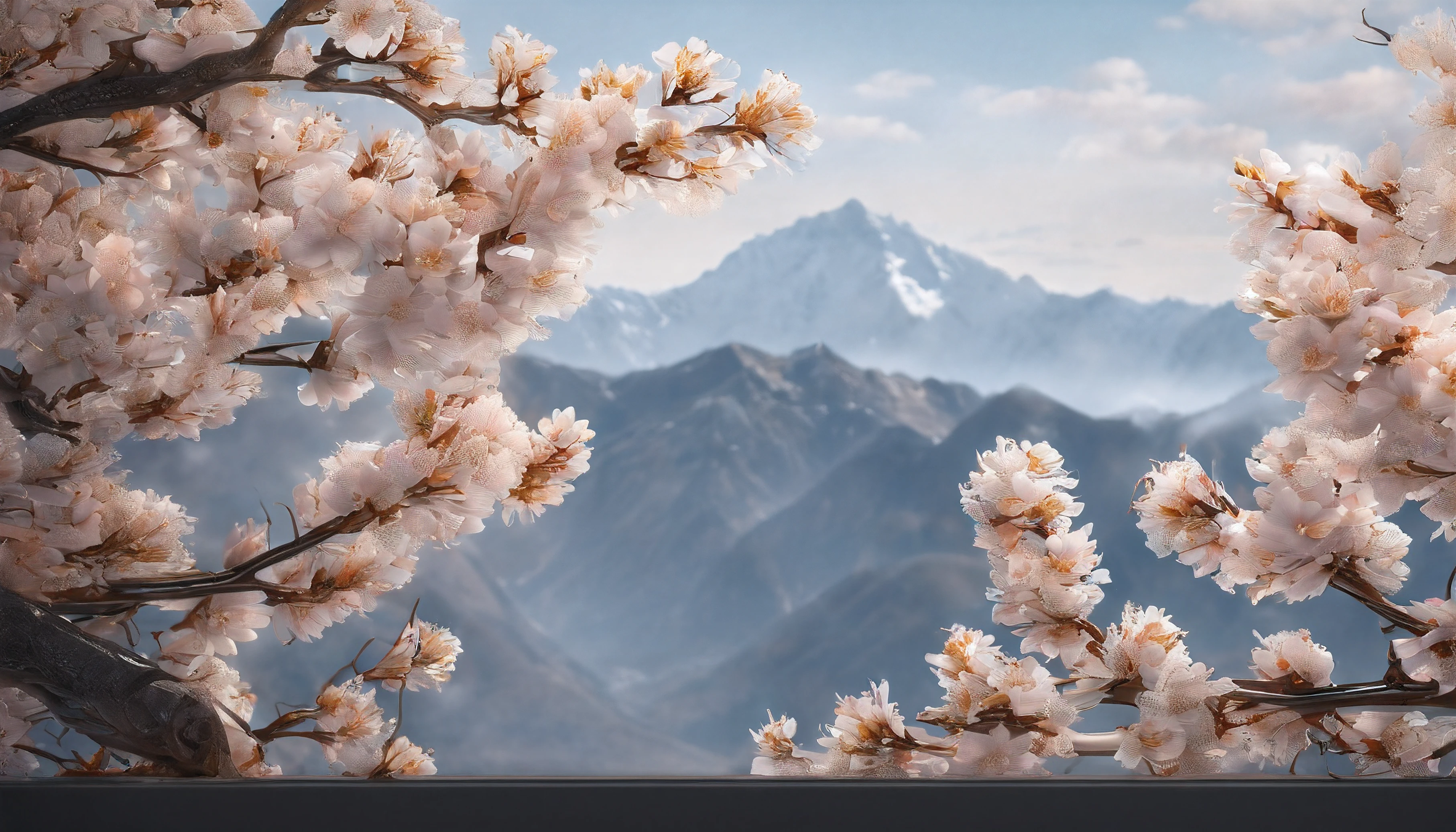 Laurel branches,Shot at a 15-degree elevation angle for medium and close ranges,petals,Osmanthus flowers flying,Top daylight,Refreshing style,Snowy mountains in the distance,Ultra-clear image quality