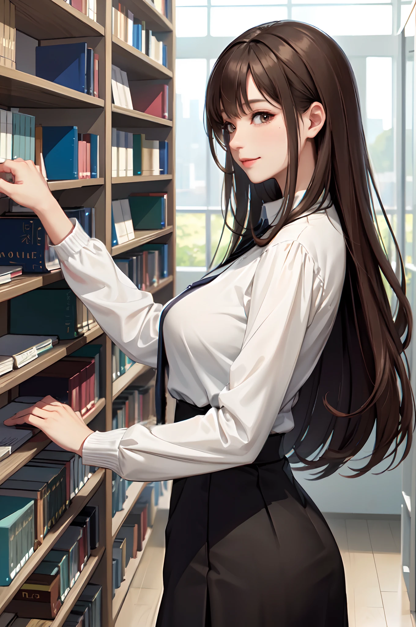 1lady solo, from side, cardigan /(high-waist long skirt/), mature female, /(brown hair/) bangs, light smile, (masterpiece best quality:1.3) delicate illustration ultra-detailed, large breasts BREAK /(public library/) indoors, bookshelves