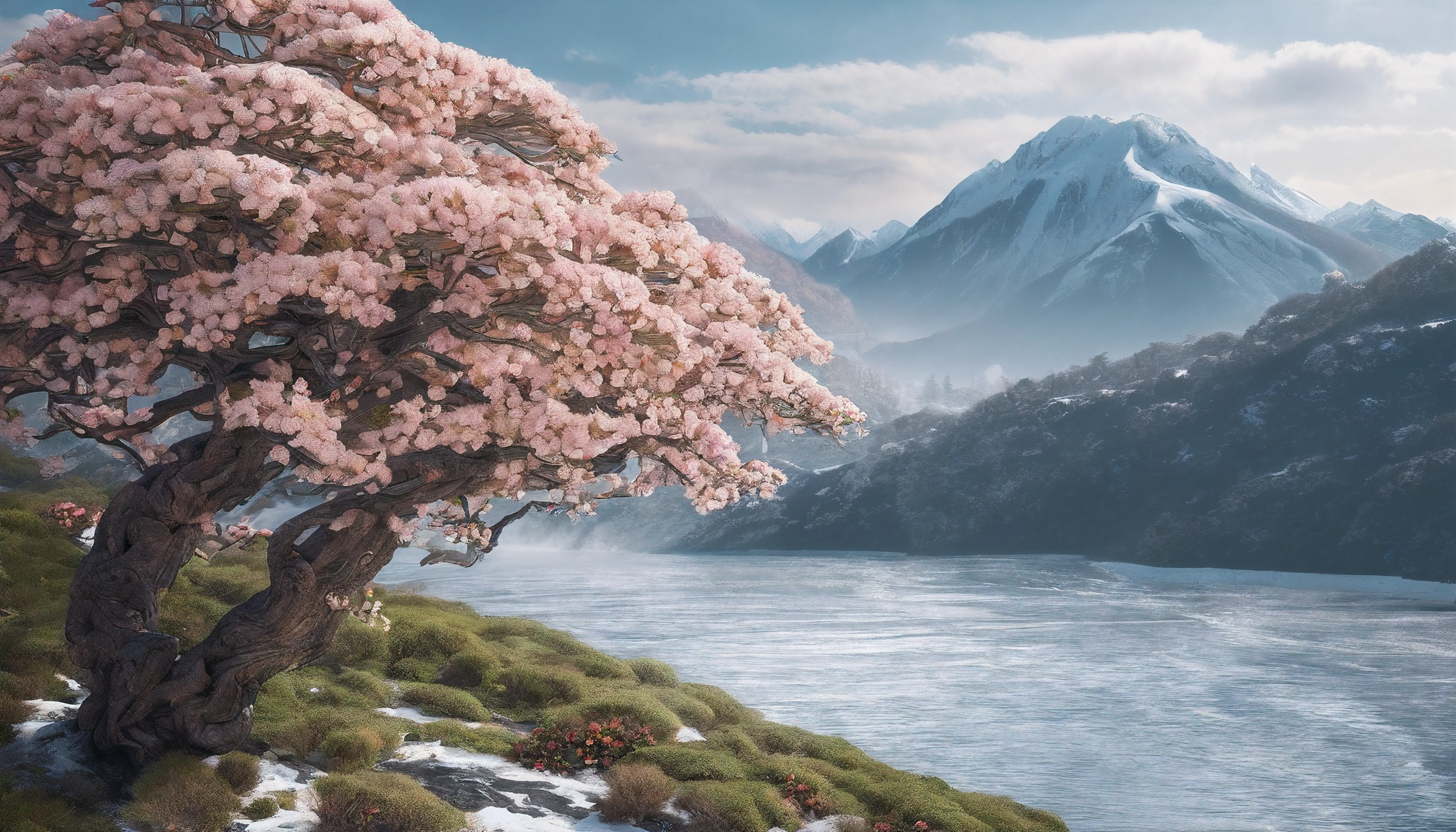 Laurel branches,Shot at a 15-degree elevation angle for medium and close ranges,petals,Osmanthus flowers flying,Top daylight,Refreshing style,Snowy mountains in the distance,Ultra-clear image quality