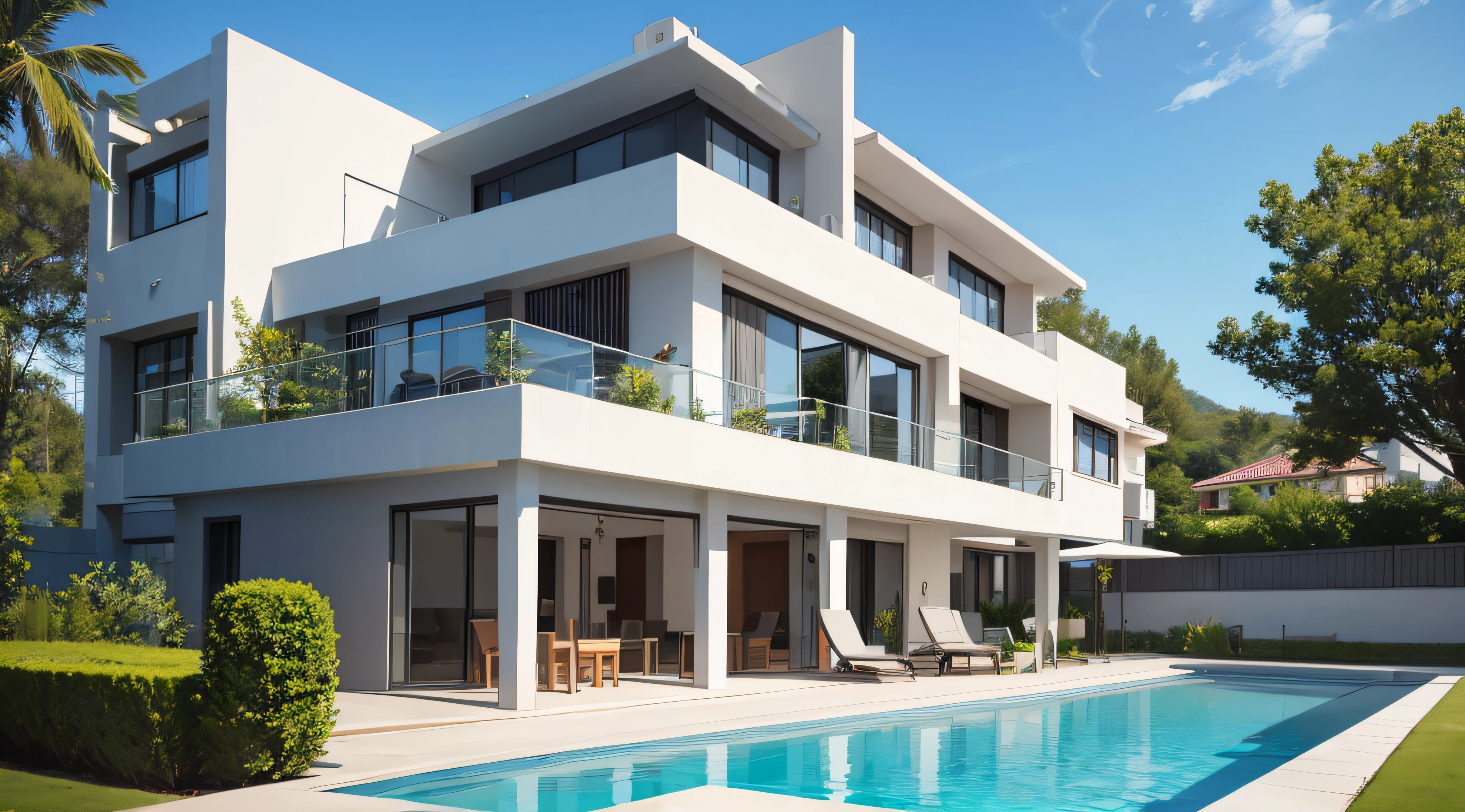 Exterior of beautiful modern house with solar panels on roof. Luxury villa with terrace and swimming pool