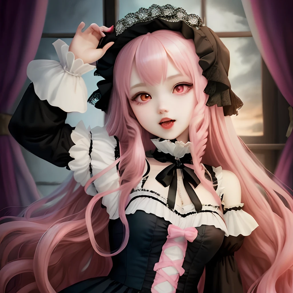 High quality anime girl with long pink hair and Lolita gothic vampire fangs