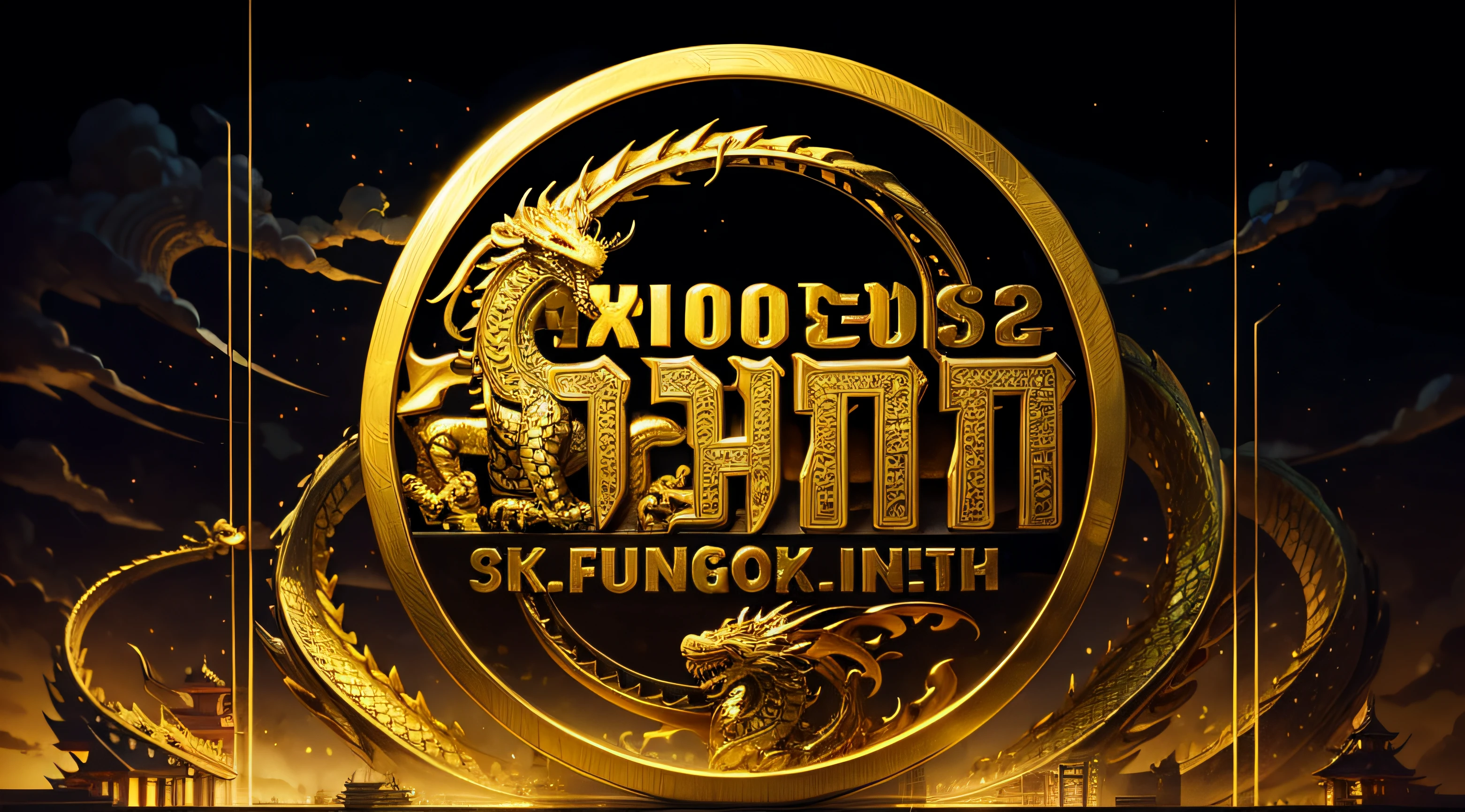 A dragon hovering over a Chinese-style building.，gold，totem，fire dragon, golden dragon, master-piece，Intricate patterns on the building，Emerald masonry point，master-piece，bestquality，Ultra - Details。