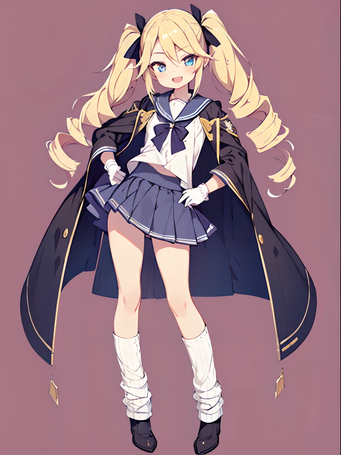 character sheet, Highly detailed and realistic CG, Colorful, Masterpiece, Best Quality, jewel-like eyes, 1girl, solo, blond hair, shiny hair, long twintails, drill hair, slender, skinny legs, white school uniform, layered skirt, luxury boots, amber eyes, flat chest, hand on hip, smirk, smile, jitome, half-closed eyes, standing, contrapposto, tsurime, monochrome background, white gloves, open mouth, pov, best quality eyes, upper teeth, loose socks in boots,