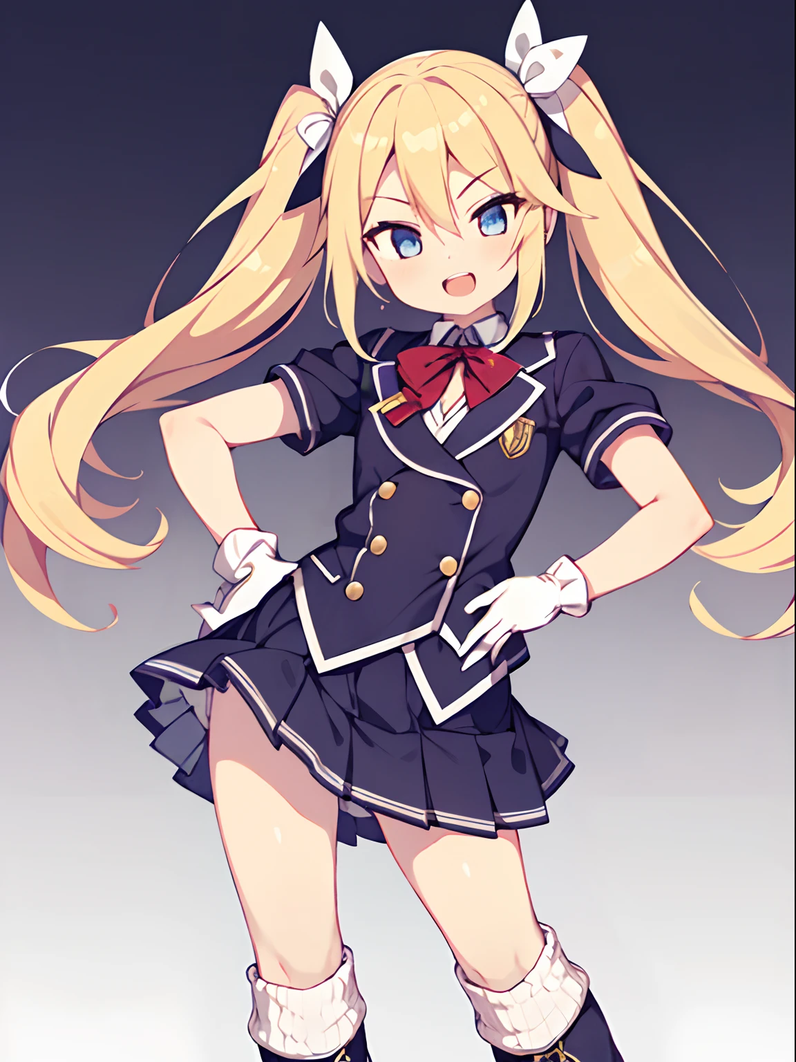 character sheet, Highly detailed and realistic CG, Colorful, Masterpiece, Best Quality, jewel-like eyes, 1girl, solo, blond hair, shiny hair, long twintails, drill hair, slender, skinny legs, white school uniform, layered skirt, luxury boots, amber eyes, flat chest, hand on hip, smirk, smile, jitome, half-closed eyes, standing, contrapposto, tsurime, monochrome background, white gloves, open mouth, pov, best quality eyes, upper teeth, loose socks in boots,