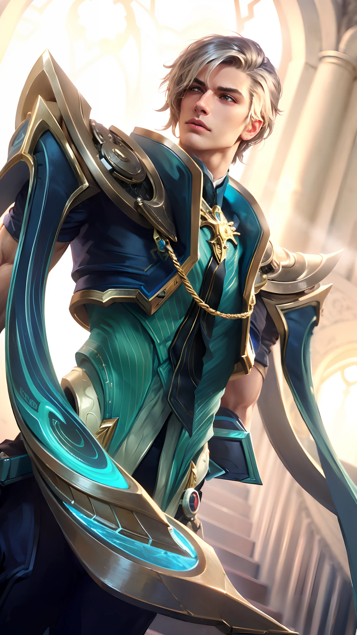 (Intricate Details, Masterpiece, Best Quality, High Resolution, 8k), (1man), (male:1.2), mature, dandy face, finely detailed eyes and face, toned body, masculine appeal, commanding presence, hot stud, bulging biceps and triceps, well-developed quadriceps and hamstrings, light skin, burgundy straight layered bangs hair, aquamarine eyes,  ornate details,  portrait, solo, half shot, looking down, detailed background, detailed face, (cogpunkai, cogpunk theme:1.1),  tech-mage,   [magic|technology], melding of spellcraft and advanced technology,  intricate [spellcasting clothes|mechanical gear], gear shaped glyphs,  ancient crystals,  [gears|ancient spell],  floating particles,  [innovative|enchanting] aura, high tech vehicle in background,   , finely detailed background, Depth of Field, VFX, young man and handsome
