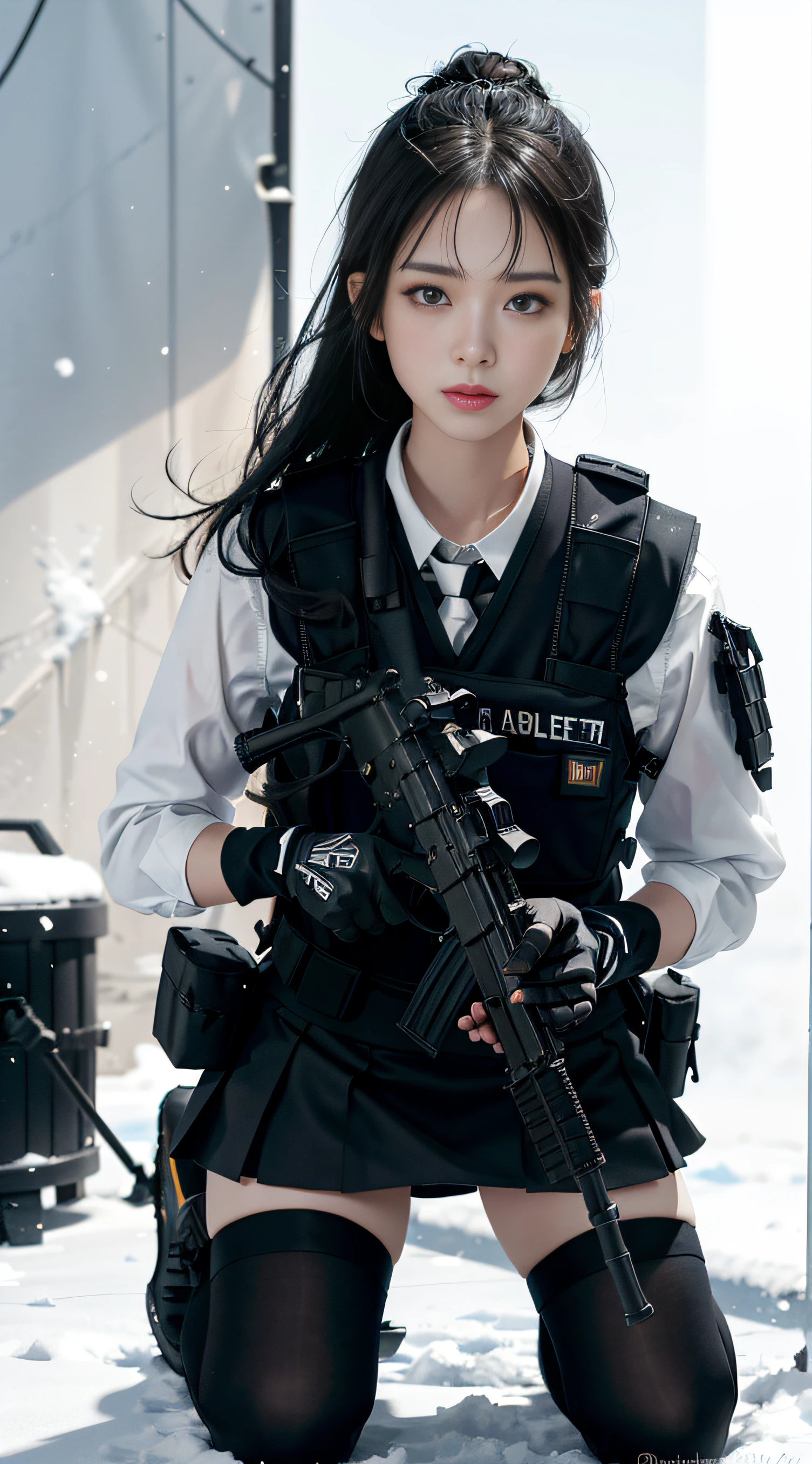 ((Best quality)), (Masterpiece), Photorealistic, Photorealism, A girl kneels and aims with an AK-47 assault rifle, Mini skirt, (upper legs), Photorealistic, high resolution,Snow background, looking to the camera, (Detailed face), Long black hair, SWAT vests, Gun, jewelry,Black gloves, sunglasses on head, Fingers are occluded