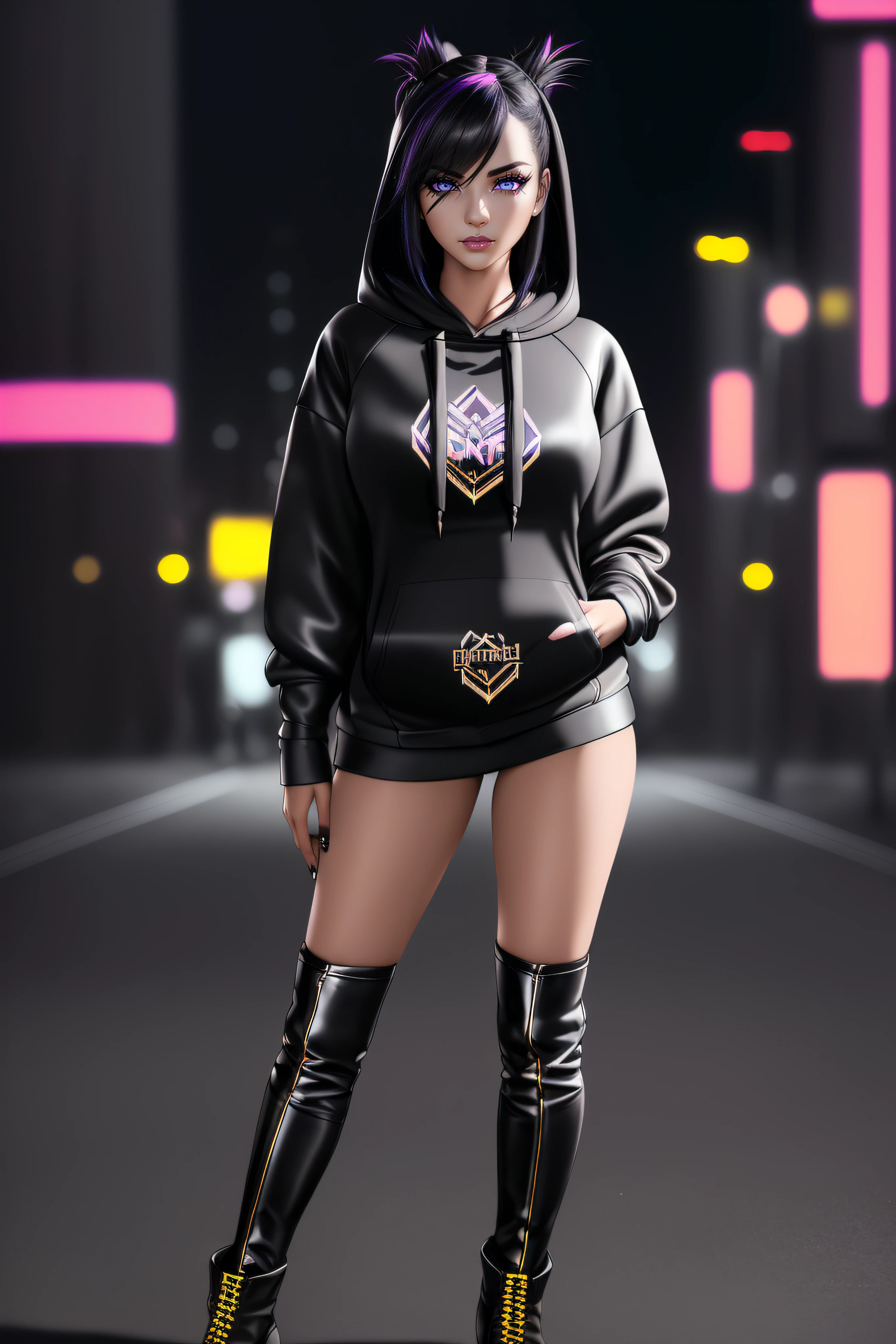 beautiful girl, ((standing:1.4)), (confident gaze:1.1), full body, short bright neon streaked black hair, ((realistic highly detailed eyes:1.4)), ((seductive pose:1.2)), black eyeshadow, (street style wear:1.2), ((hoodie:1.4)), ((tight fitted pants)), ((knee high leather boots)), (dark city night black background:1.4), dark makeup, digital art, trending on artstation, highly detailed, fine detail, intricate, detailed facial features, sharp focus, smooth, aesthetic,