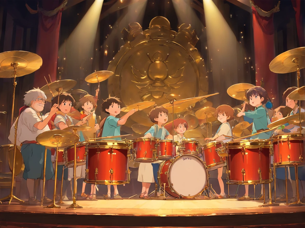 Music starts,Everyone banged the brass drum in unison,The brass drums on the stage emit a thick and powerful sound。The and his friends played the brass drum happily,The stage is brightly lit。