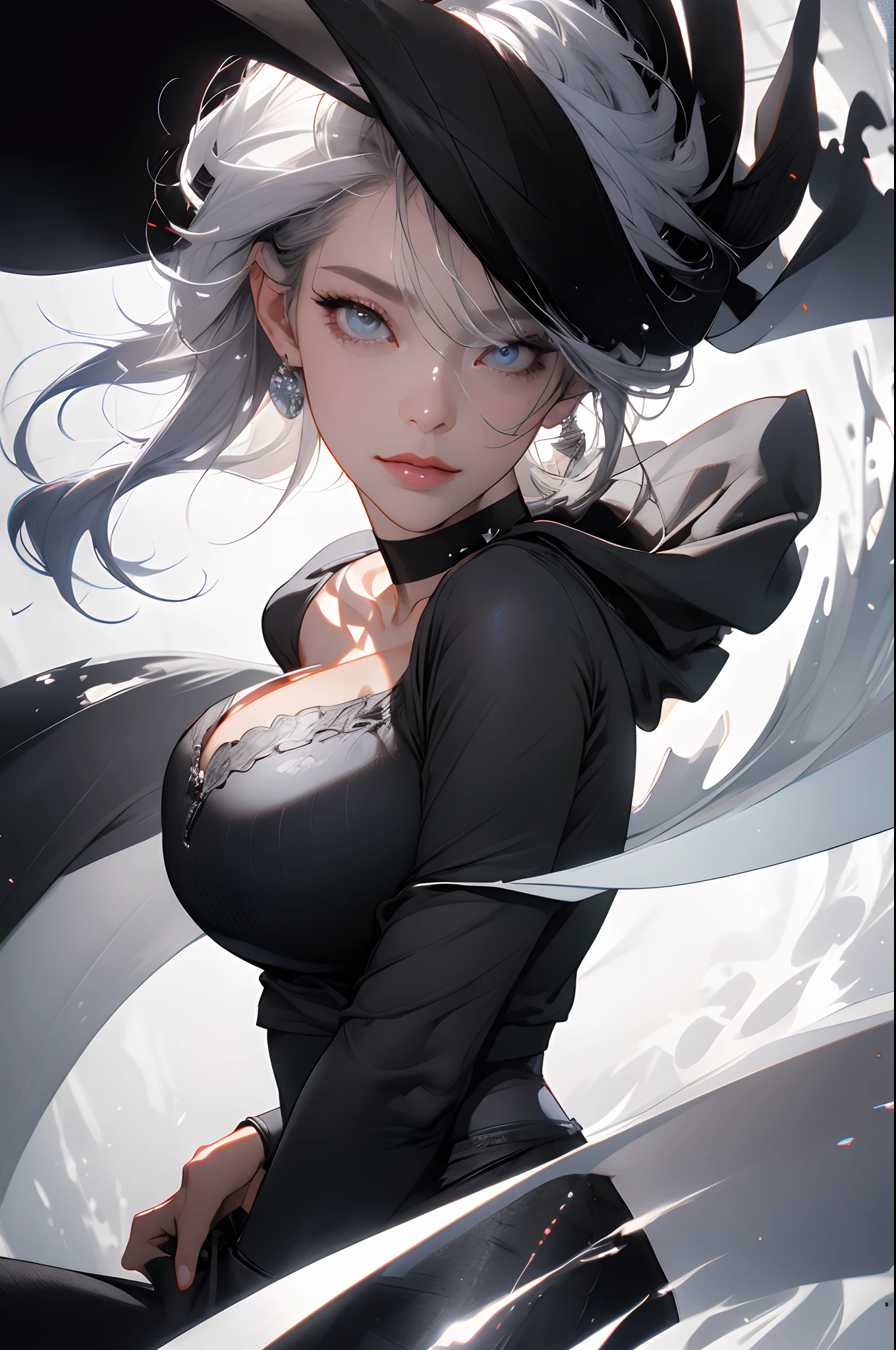 best quality, ultra high res, (photorealistic:1.4), 1girl, off-shoulder white shirt, black tight skirt, black choker, (faded ash gray hair:1), (huge breasts:1.2), looking at viewer, closeup ,