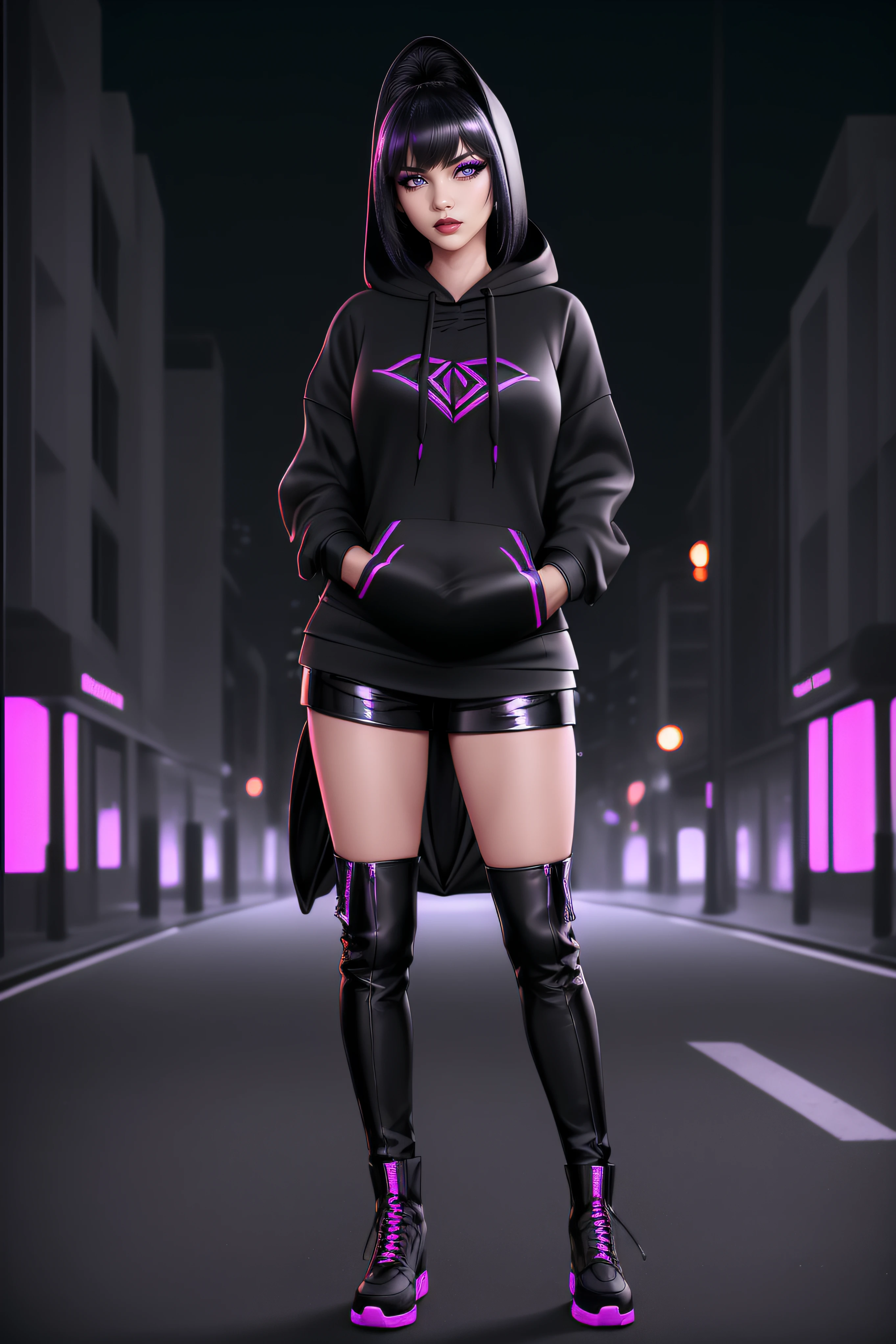 beautiful girl, ((standing:1.4)), (confident gaze:1.1), full body, short bright neon streaked black hair, ((realistic highly detailed eyes:1.4)), ((seductive pose:1.2)), black eyeshadow, (street style wear:1.2), ((hoodie down:1.4)), ((tight fitted pants)), ((knee high leather boots)), (dark city night black background:1.4), dark makeup, digital art, trending on artstation, highly detailed, fine detail, intricate, detailed facial features, sharp focus, smooth, aesthetic,