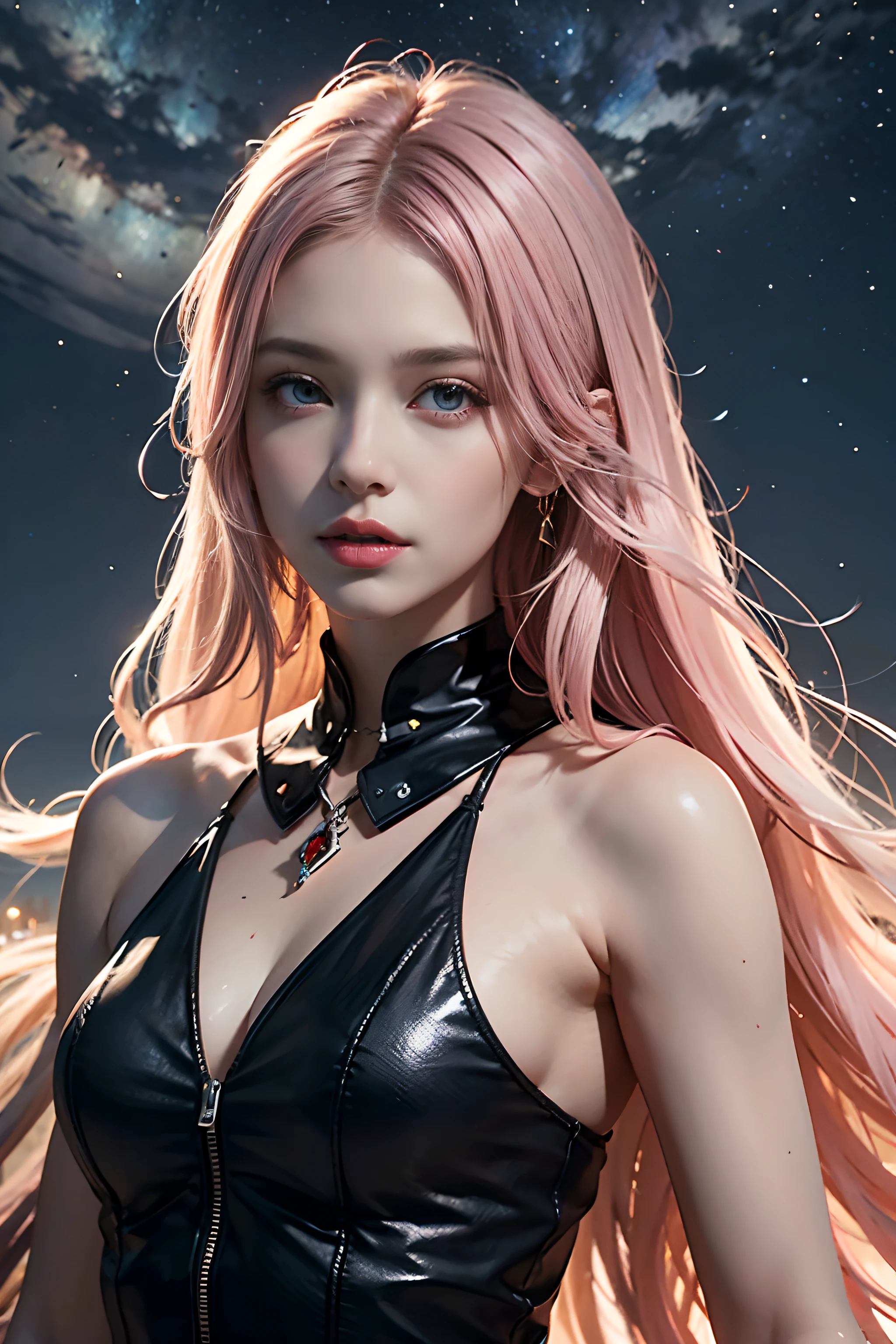 1 beautiful woman,Long pale pink hair,Long flowing hair,Outdoor starry sky,meteors,(RAW photos,best qualtiy),(realisticlying,photograph realistic:1.3),best qualtiy,highly detailed,tmasterpiece,Hyper-detailing,illustratio,The upper part of the body,dynamic angle,Masterpiece Theatre of the World,Messy_Long_Hair,best qualtiy,Extremely detailed CG unity,8k wallpaper,ink,astounding,cinmatic lighting,Lens flare,,Dunhuang style