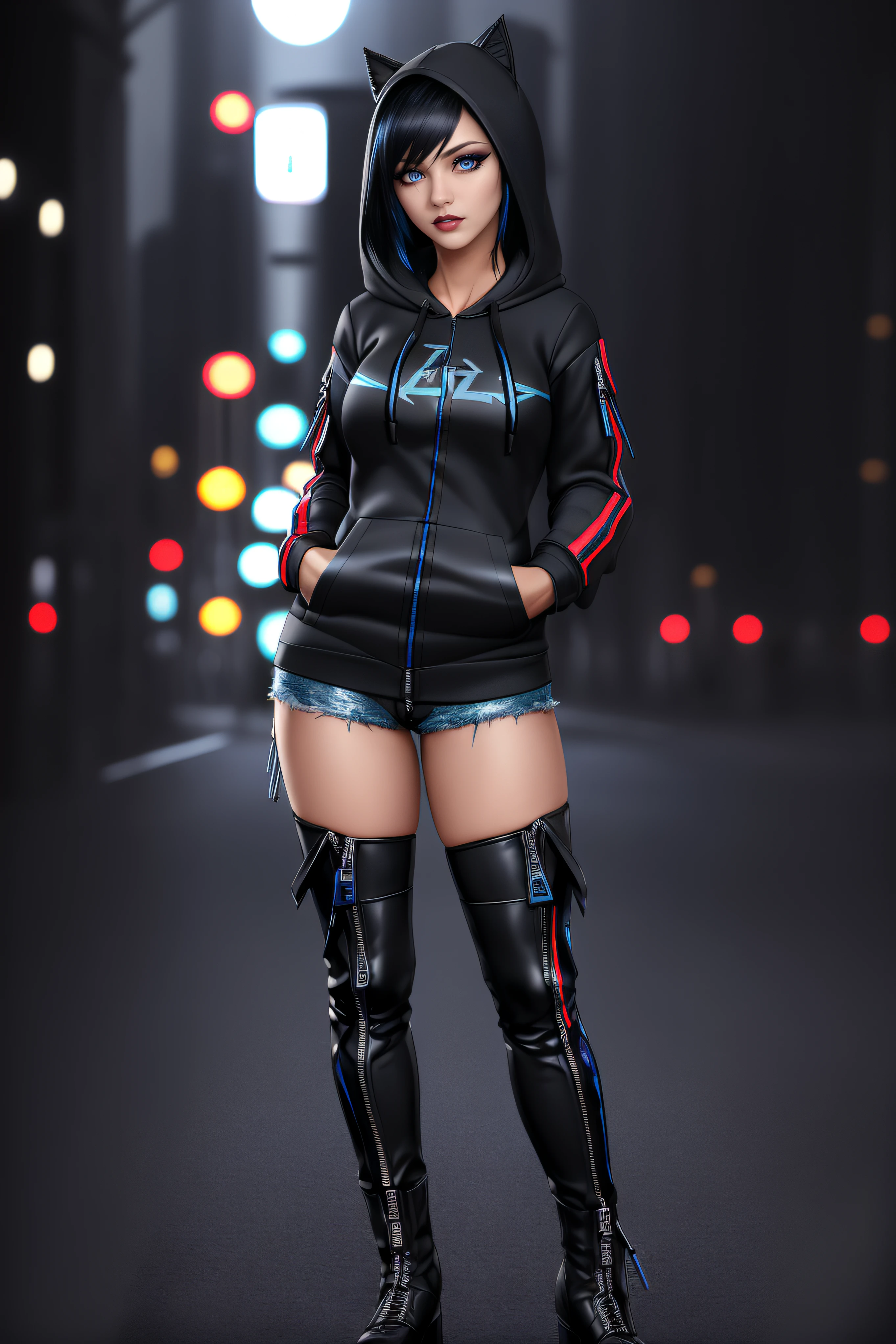 beautiful girl, ((standing:1.4)), (confident gaze:1.1), full body, short bright blue streaked black hair, ((realistic highly detailed eyes:1.4)), ((seductive pose:1.2)), black eyeshadow, (street style wear:1.2), ((hoodie zipped open:1.4)), ((tight fitted pants)), ((knee high leather boots)), (dark city night black background:1.4), dark makeup, digital art, trending on artstation, highly detailed, fine detail, intricate, detailed facial features, sharp focus, smooth, aesthetic,
