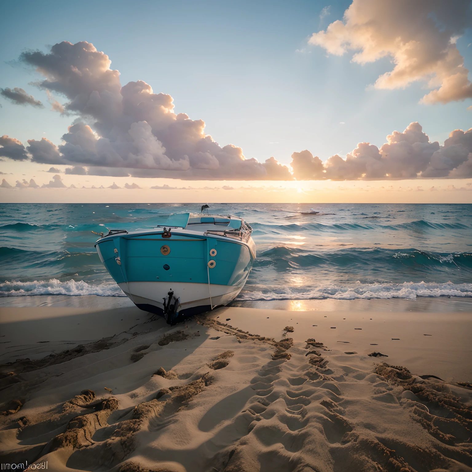 Please create a high-quality image with advanced levels of detail in a cinematic style, with realistic details. The scene should include 2 rafts in the sea and 3 rafts anchored on the sandy beach, in front of a stunning beach with turquoise blue water, gentle waves, white sand, a marvelous sunset in the background, and the sun reflecting on the sea