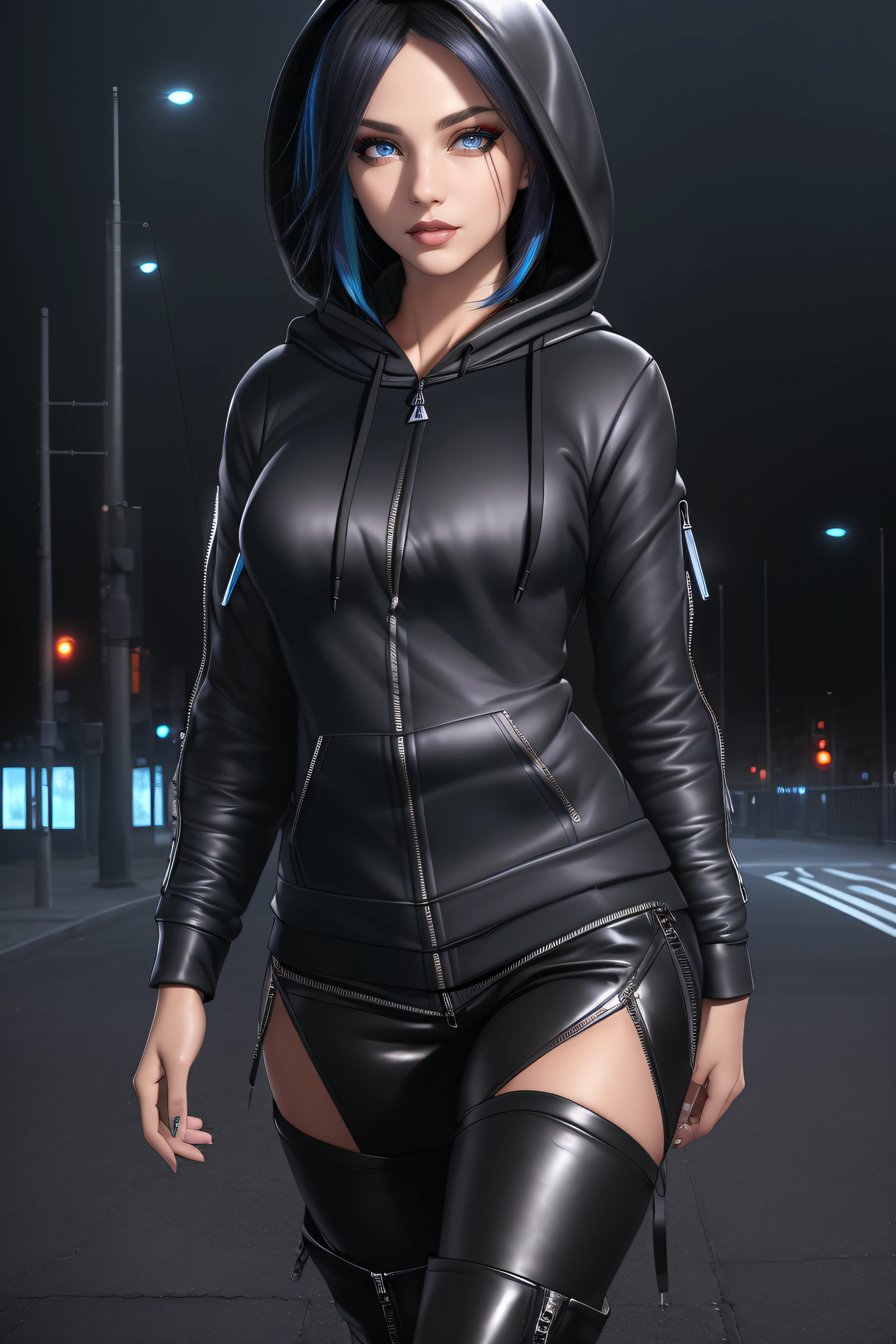 beautiful girl, ((standing:1.4)), (confident gaze:1.1), full body, short bright blue streaked black hair, ((realistic highly detailed eyes:1.4)), ((seductive pose:1.2)), black eyeshadow, (street style wear:1.2), ((hoodie zipped open:1.4)), ((tight fitted pants)), ((knee high leather boots)), (dark city night black background:1.4), dark makeup, digital art, trending on artstation, highly detailed, fine detail, intricate, detailed facial features, sharp focus, smooth, aesthetic,