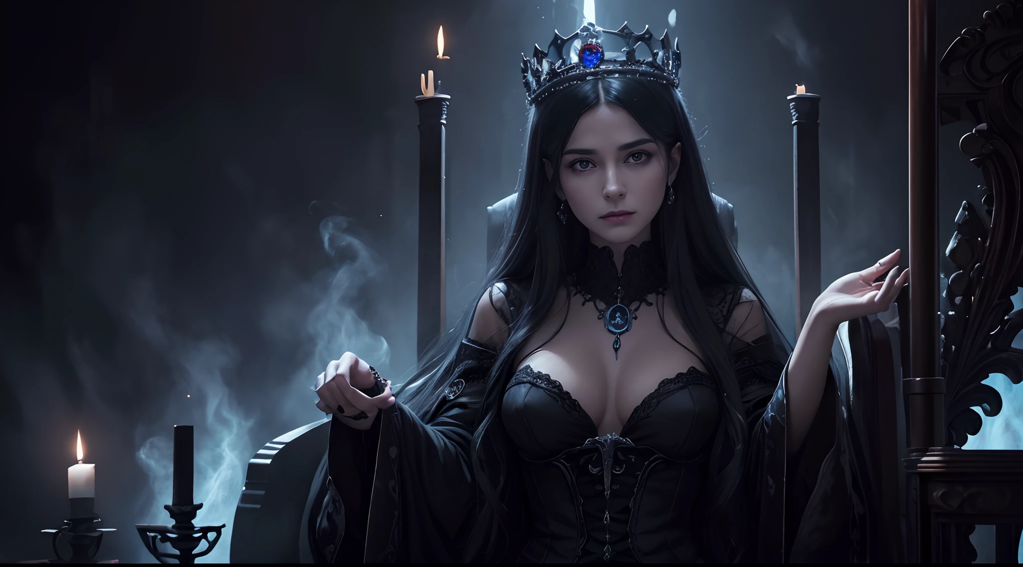 Black and blue tones、Foggy、Hell、candelabra、Mozart's Requiem、Mystical、horor、gotik、darkness、karo、badas、epidemic、ruler、Pitch Black Darkness、hopelessness、lamentation、oppression、nothingness、intense cold、Black Ghost、Adult female mature woman in her 40s、a throne、Queen of the Dead、Persephone、lilith、hades、Greatest awe、immortal、draconian、dignity、Awe-inspiring Hall々、Proud、noble、dignity、solemnity、Bewitching、Chaste and lascivious cohabitation、hatred、obsession、jewely、ruthless、greed、Lack of warmth、3-point live method、Oil Painting、Best Quality、hight resolution、foco nítido、Perfect Angle、perfect-composition、low angles、Portrait of Queen D,Highly detailed footage of the Queen of the Dead,Stunning portrait of the Queen of the Exparted,Portrait of the Queen of the Dead,Full body close-up of the Queen of the Dead