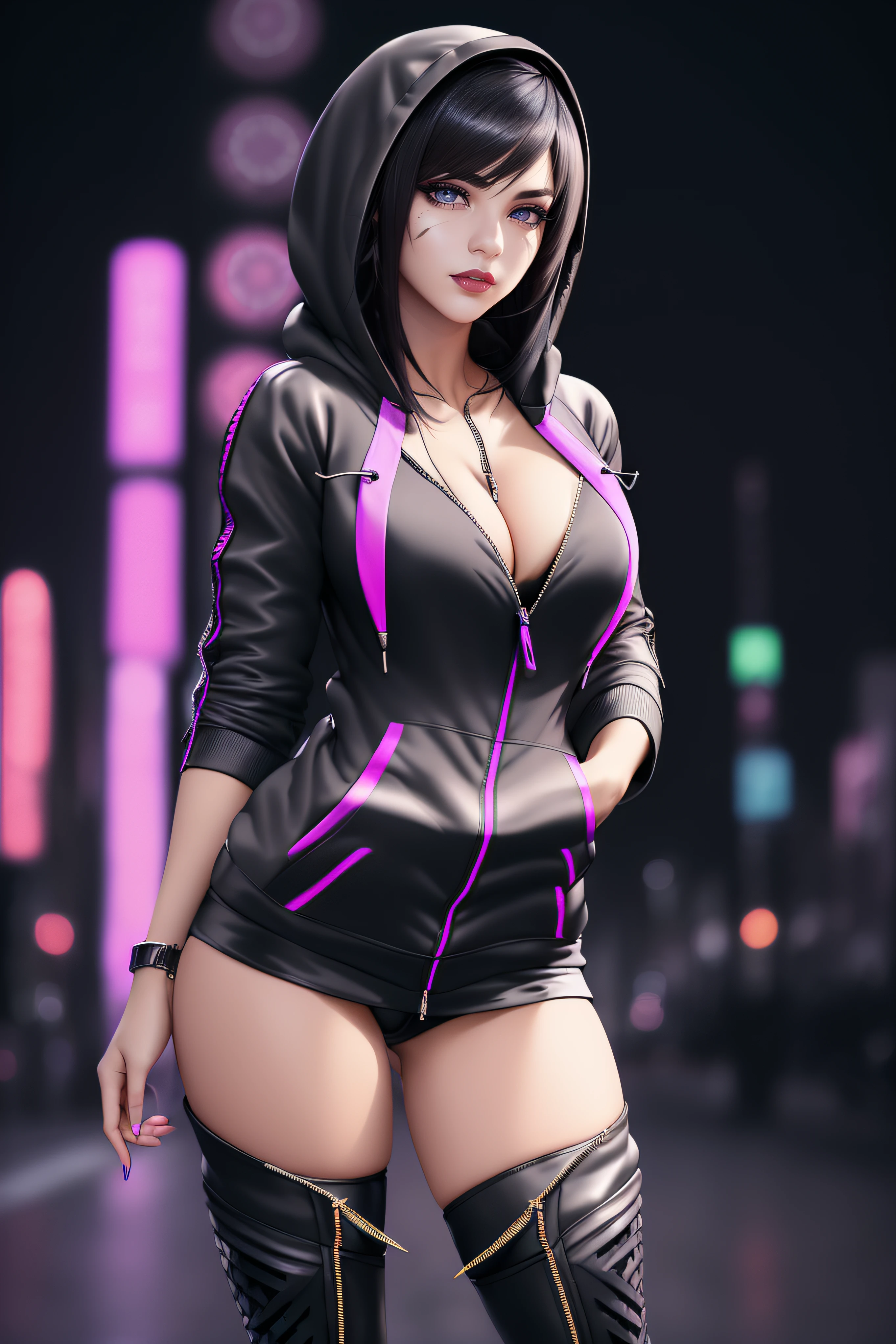 beautiful girl, ((standing:1.4)), (confident gaze:1.1), full body, short bright neon streaked black hair, ((realistic highly detailed eyes:1.4)), ((seductive pose:1.2)), black eyeshadow, (street style wear:1.2), ((hoodie open zip:1.4)), ((cleavage:1.4)),((tight fitted pants)), ((knee high leather boots)), (dark city night black background:1.4), dark makeup, digital art, trending on artstation, highly detailed, fine detail, intricate, detailed facial features, sharp focus, smooth, aesthetic,