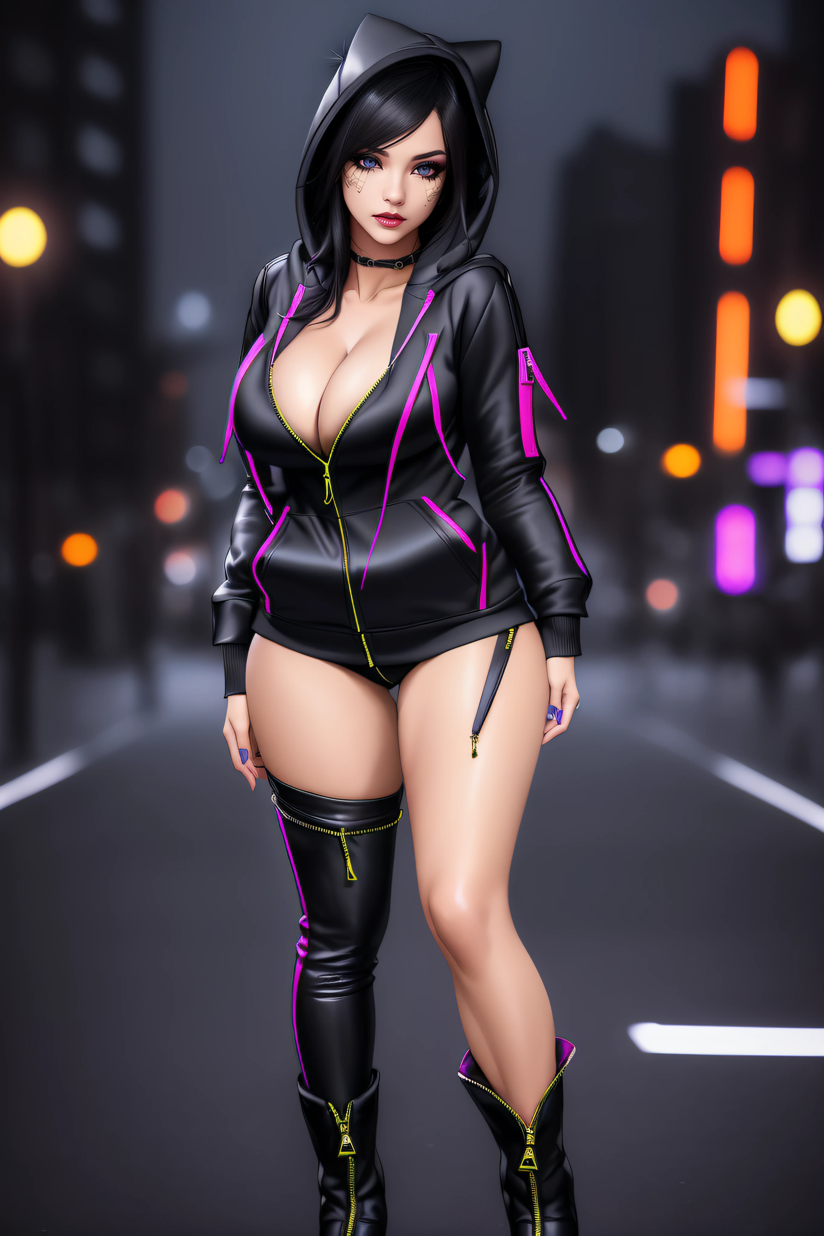 beautiful girl, ((standing:1.4)), (confident gaze:1.1), full body, short bright neon streaked black hair, ((realistic highly detailed eyes:1.4)), ((seductive pose:1.2)), black eyeshadow, (street style wear:1.2), ((hoodie open zip:1.4)), ((cleavage:1.4)),((tight fitted pants)), ((knee high leather boots)), (dark city night black background:1.4), dark makeup, digital art, trending on artstation, highly detailed, fine detail, intricate, detailed facial features, sharp focus, smooth, aesthetic,