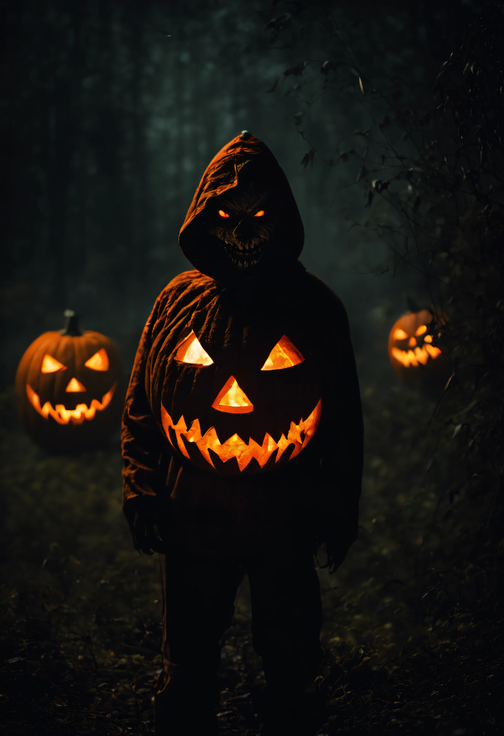 IMAGE_TYPE: Photo Manipulation GENRE: Horror DESCRIPTION: A spine-tingling photo manipulation brings to life a horrifying anthropomorphic Jack-o'-lantern in the midst of a sinister and dark night. The image is bathed in eerie, moonlit light, revealing the malevolent creature's menacing grin and glowing eyes. It's a nightmarish scene that embodies the essence of Halloween horror. EMOTION: Dread SCENE: Moonlit and ominous night ACTORS: The menacing anthropomorphic Jack-o'-lantern LOCATION TYPE: Haunted night CAMERA MODEL: Digital camera CAMERA LENS: Specialized horror lens SPECIAL EFFECTS: Haunting lighting, chilling ambiance, and an aura of fear. TAGS: Horror, Terrifying, Halloween, Night