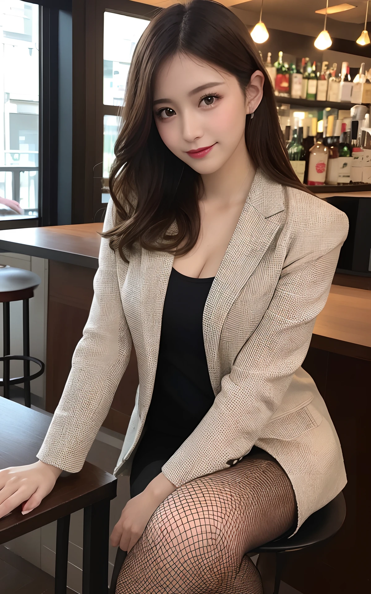 masutepiece, Best Quality, Illustration, Ultra-detailed, finely detail, hight resolution, 8K Wallpaper, Perfect dynamic composition, Beautiful detailed eyes, sexy underwear,Bob Hair, mid-chest, Natural Color Lip, Random and sexy poses,Smile,20 years girl、Colossal tits、a bar counter、Suits、Suit jacket、fishnet tights、perfect foot、perfect arms、sit a chair、Lower breast、 are coming out