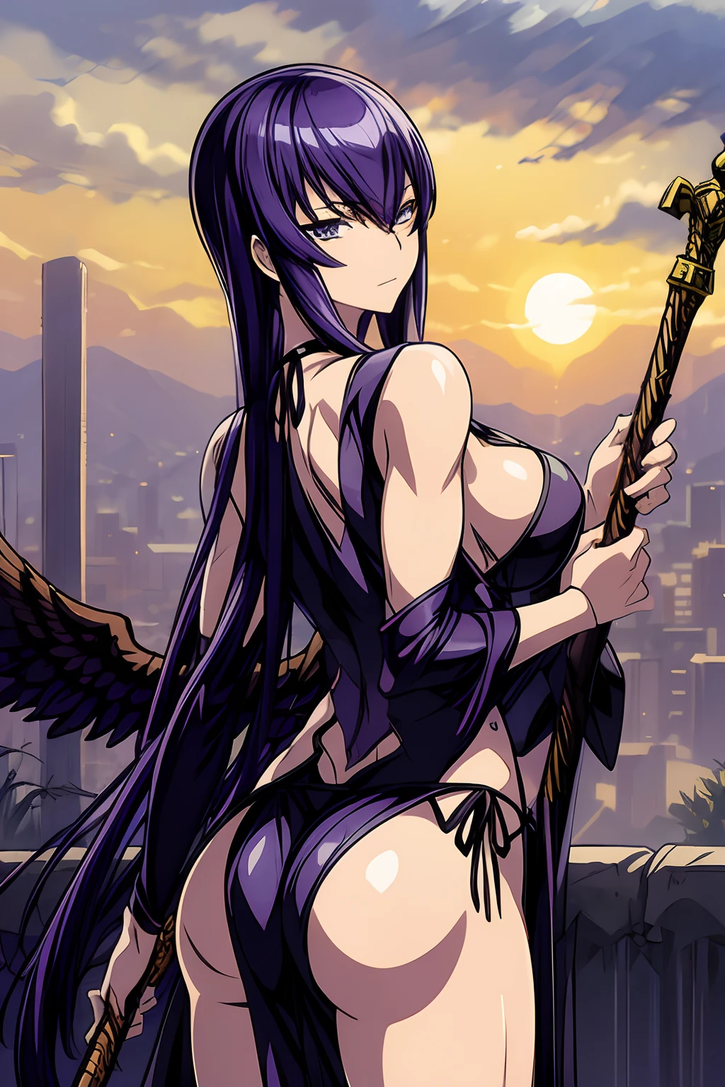Saeko Busujima, He faces himself who is a steel-winged angel and who carries a staff Gothic robe in the center of the image with open wings flying from above with a serious look back Beautiful Detailed 8k Armor with Art Painting, Sky, Clouds, Sun, Black Wings, Steel
