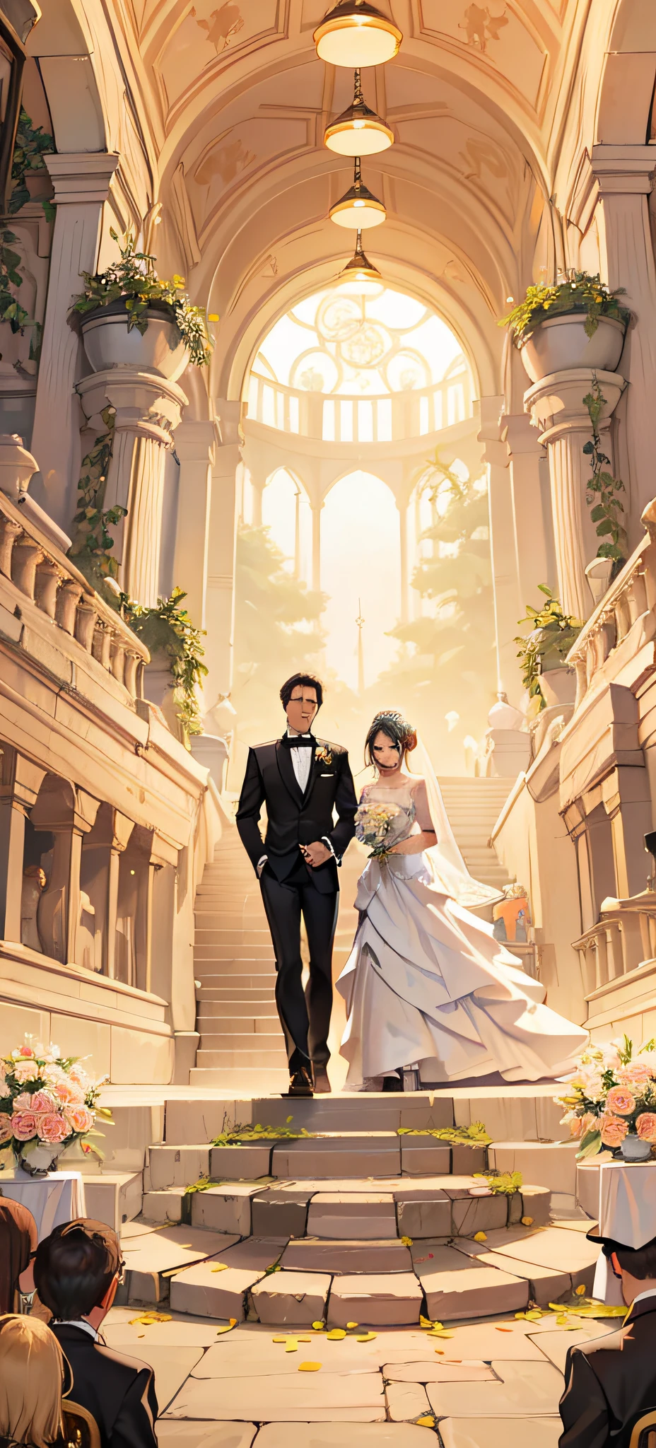 A man in a black suit leads a woman in a wedding dress,At the wedding site,There are masses around,High res,4K