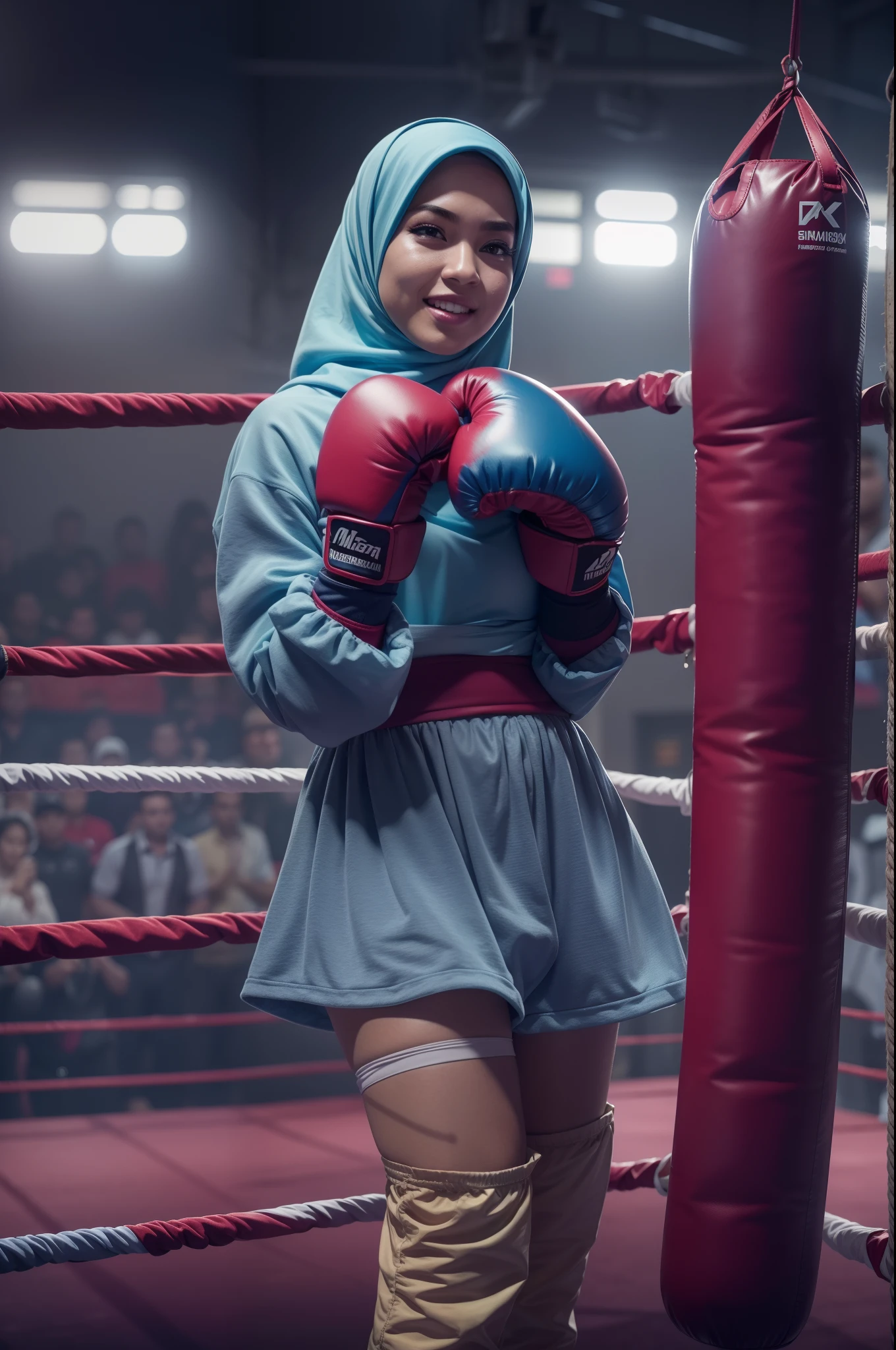 a sserafimsakura, hyper realistic, lifelike texture, dramatic lighting, Nikon RAW photo, 8k, Fujifilm XT3,CitrineDreamMix, masterpiece, best quality, realistic, (photorealistic:1.4), ultra detailed, extremely detailed face, solo,1 malay hijab girl, wearing hijab,standing, (boxing gloves:1), (boxing ring), (smile:1), pink boxing outfit, ( janna nick ).