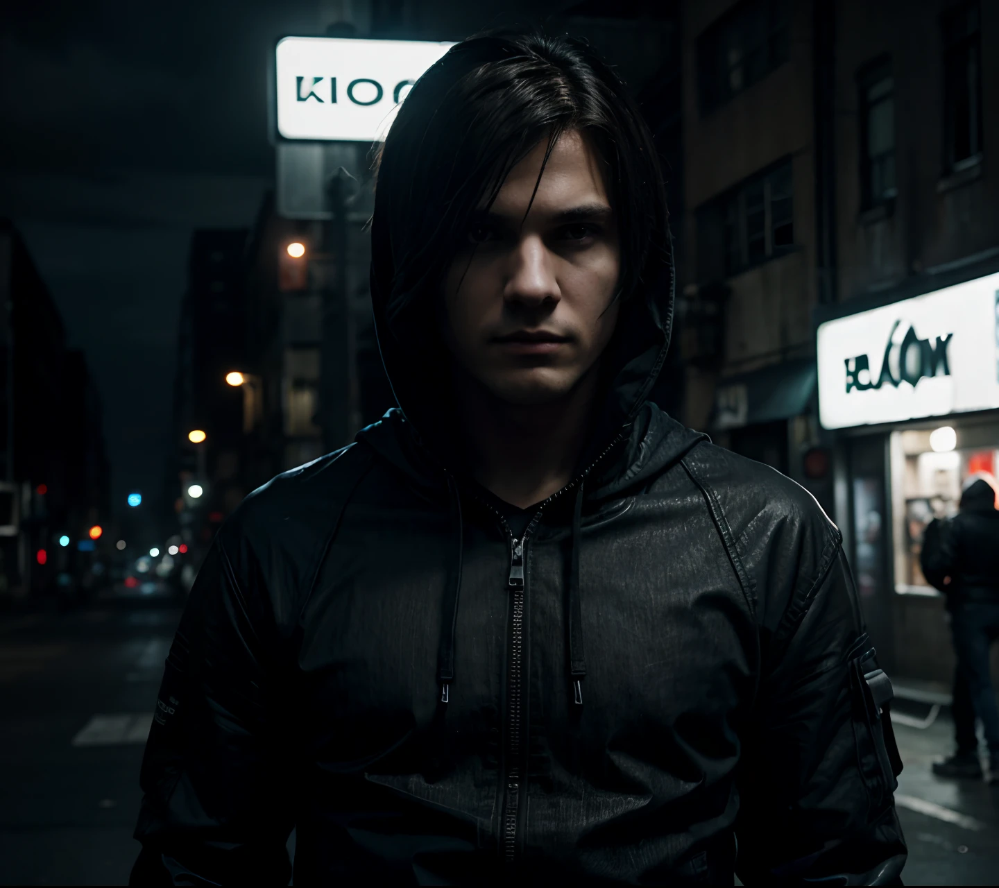 Alone boy look like leon kennedy , on street Cinematography photography , short hair ,outfits black hood jacket gray t shirt black jean, watches an apocalyptic city, Neon dark dramatic illustration, SONY EOS DSLR camera salo image