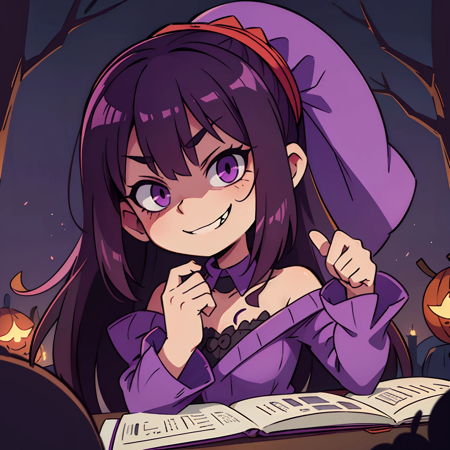 Spooky purple girl scary creepy mysterious creepy weird halloween with smirk long hair