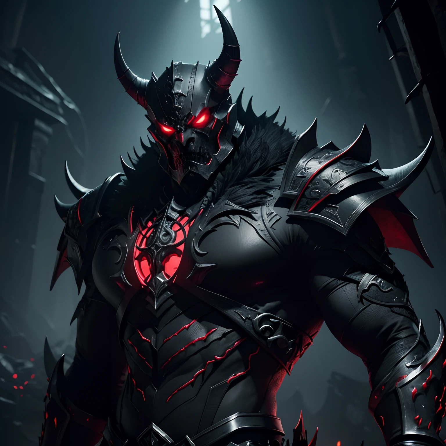 Produce a realistic photographic image of Vortrax, the menacing and power-hungry demon. Use a high-quality camera lens, such as a 85mm prime lens, to capture intricate details. Vortrax should be in an imposing, obsidian armor adorned with demonic symbols. The image should focus on his jet-black skin, piercing red eyes, and the sinister, dark aura that surrounds him. Place him in a natural yet eerie environment, with dim, moody lighting that emphasizes his formidable presence.