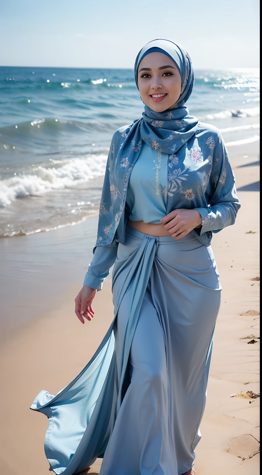 RAW, Best quality, high resolution, Masterpiece: 1.3), Beautiful Malay woman in hijab, Masterpiece, Perfect slim body, Beautiful big eyes, perfect make up, Watery eyes, perfect nose, Soft smile, Wet lips, Big breasts, ((Wearing a thin light blue Malay shirt that tight floral patterned, batik, covered hijab)), simple diamond necklace, ((closed clothes), ((modest clothes)),((wearing a long pliskit skirt, loose and long without slits to the ankles, blowing in the wind, blue)) ,((full body: 1.2)) smiling, windy, skin details, skin texture details, thick thighs, sexy body, morning time, smiling, happy, bright sunshine, beach, blurred background, bokeh