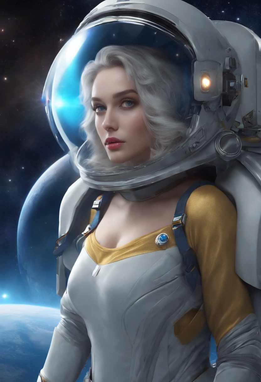 (A masterpiece of better quality in close proximity.:1.5)0.9], (Space and astronauts:1.2) (Messy silver hair:1.1) (Yellow eyes with heterochromia and blue eyes.:1.2) (space helmet:1.0) (Colored stars in the eyes:1.0) (Radiant light:1.1) (Big lips:0.9), large boobs, Blue lace underwear