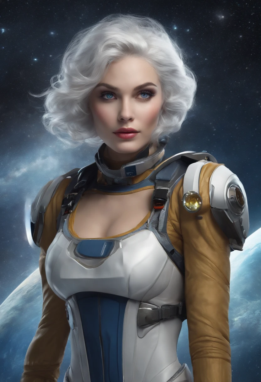 (A masterpiece of better quality in close proximity.:1.5)0.9], (Space and astronauts:1.2) (Messy silver hair:1.1) (Yellow eyes with heterochromia and blue eyes.:1.2) (space helmet:1.0) (Colored stars in the eyes:1.0) (Radiant light:1.1) (Big lips:0.9), large boobs, Blue lace underwear