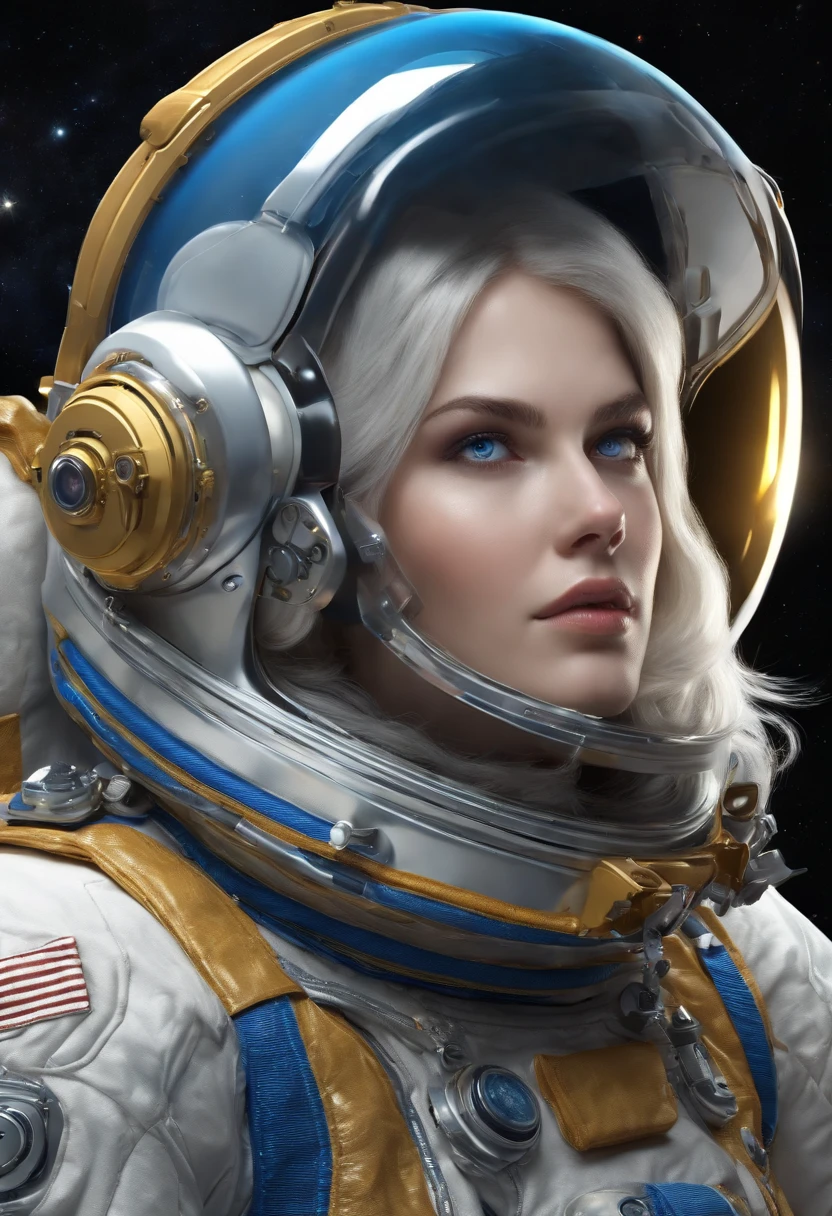 (A masterpiece of better quality in close proximity.:1.5)0.9], (Space and astronauts:1.2) (Messy silver hair:1.1) (Yellow eyes with heterochromia and blue eyes.:1.2) (space helmet:1.0) (Colored stars in the eyes:1.0) (Radiant light:1.1) (Big lips:0.9), large boobs, Blue lace underwear