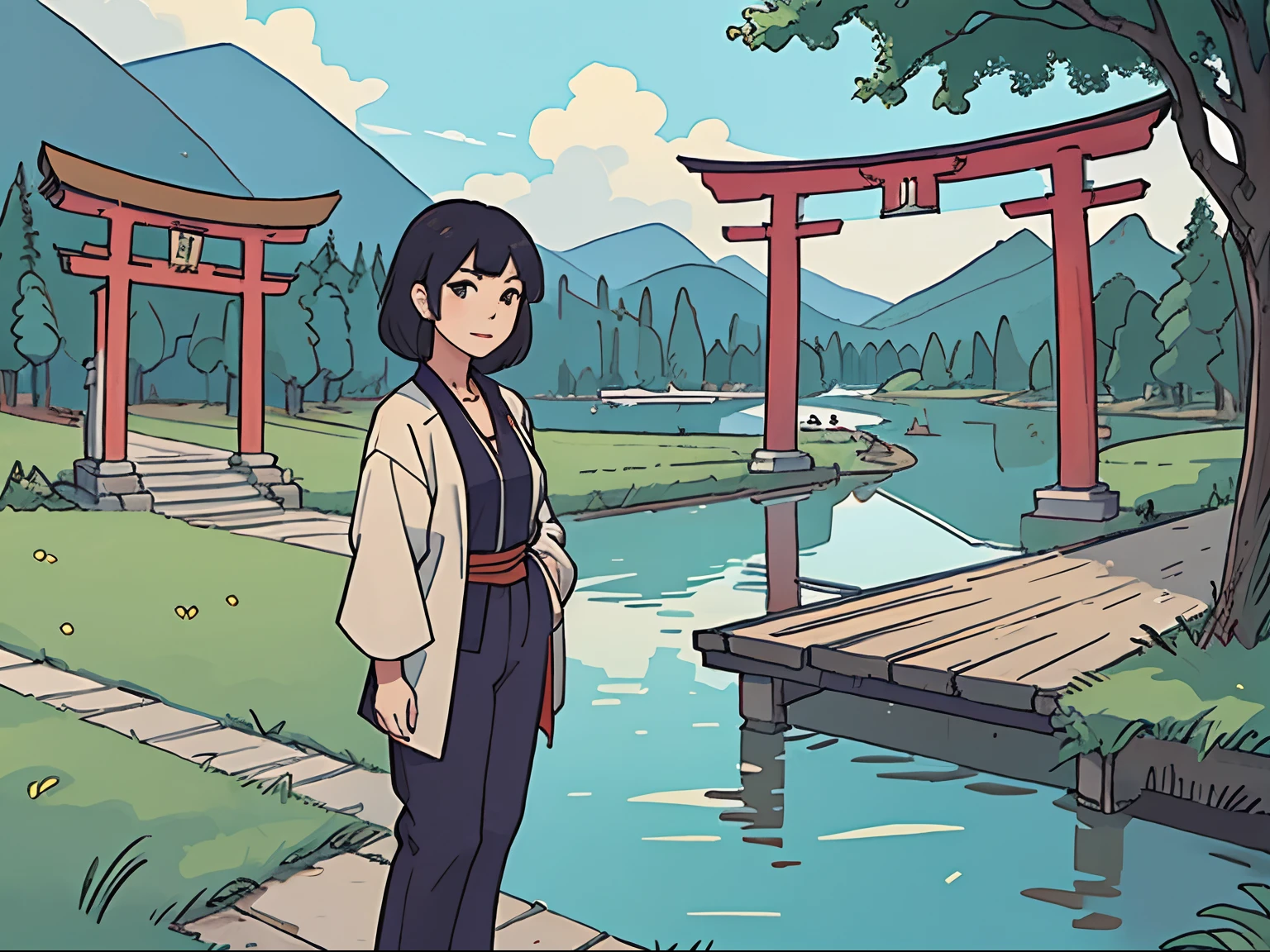 Mature woman, half Asian, half European, wearing European clothes, standing near European lake, one single torii gate in background, field of depth