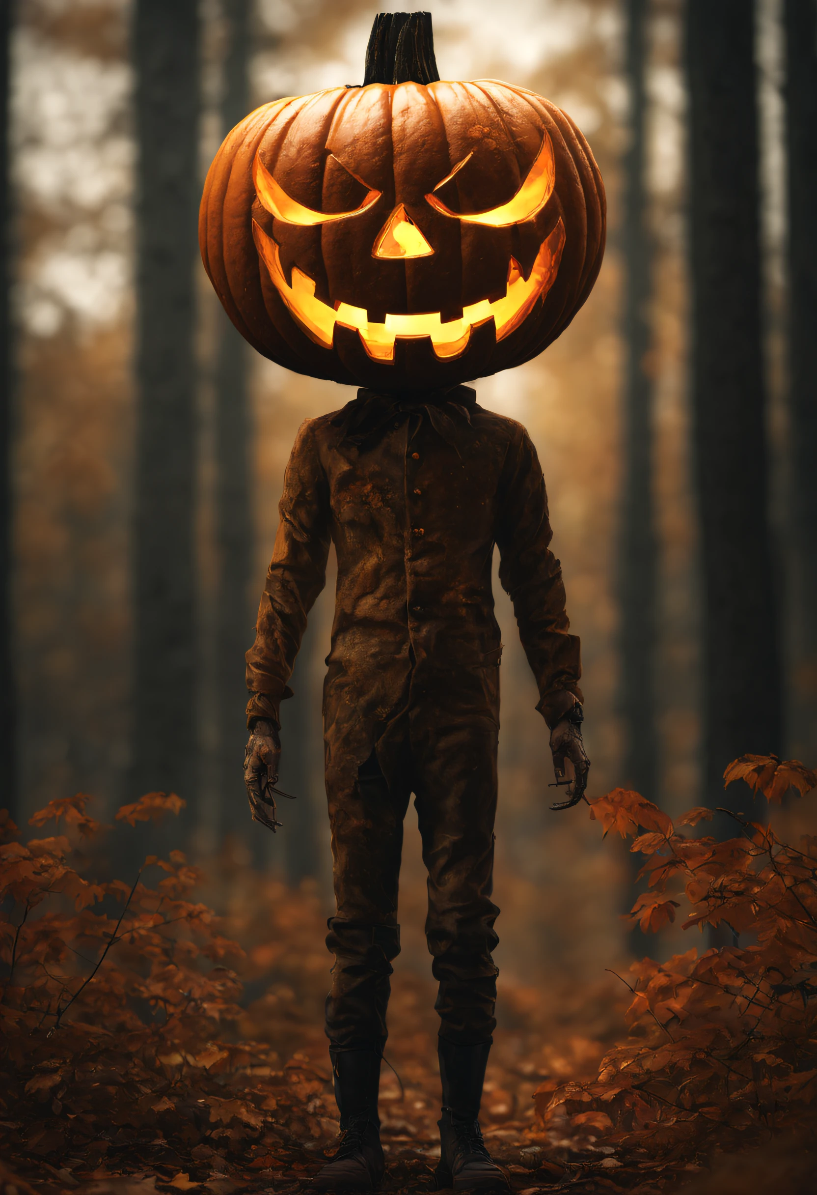 1 jack-o-lantern anthropomorphic with an extremely scary jack-o-lantern head, Sublime, Classicism, digital art, Analog photography, CGsociety, Faded, sprite sheet, brash colors, Hyperrealism, incandescent lighting, Ultra-realistic, highly detailed, natural lighting, forest environment, Unreal engine, 8k