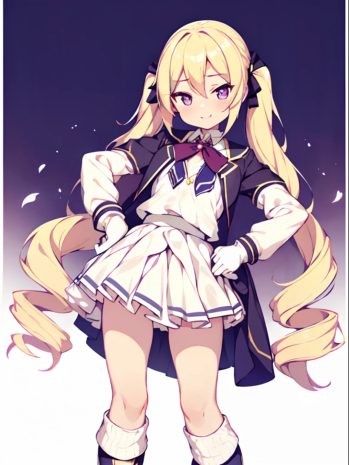 character sheet, Highly detailed and realistic CG, Colorful, Masterpiece, Best Quality, jewel-like eyes, 1girl, solo, blond hair, shiny hair, long twintails, drill hair, slender, skinny legs, white school uniform, layered skirt, luxury boots, violet eyes, small breasts, wavy hand, smirk, smile, jitome, half-closed eyes, standing, contrapposto, tsurime, monochrome background, black gloves, open mouth, pov, best quality eyes, upper teeth, loose socks in boots, tsundere, heart-shaped pupils, stylish pose,