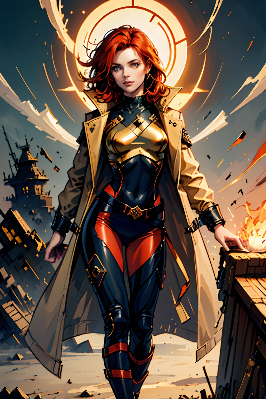 （tmasterpiece，top Quority，best qualtiy）,1 Girl Mage，full bodyesbian，Short orange-red hair，Earthy yellow trench coat，White bandeau，High-waisted underwear，Gold-trimmed waistband，Dark blue leggings，Black magic boots, Female protagonist ,wide wide shot，Exercise posture，Cast spells，Sexy body shape, roleplaying，Sharp hairstyle，Hair in swing，There is a smile on the corners of his mouth，Charming eyes，Delicate and Pretty Face，High-quality images, Ultra HD，True human proportions，《last of us》painterly style，"Doomsday wasteland" Theme